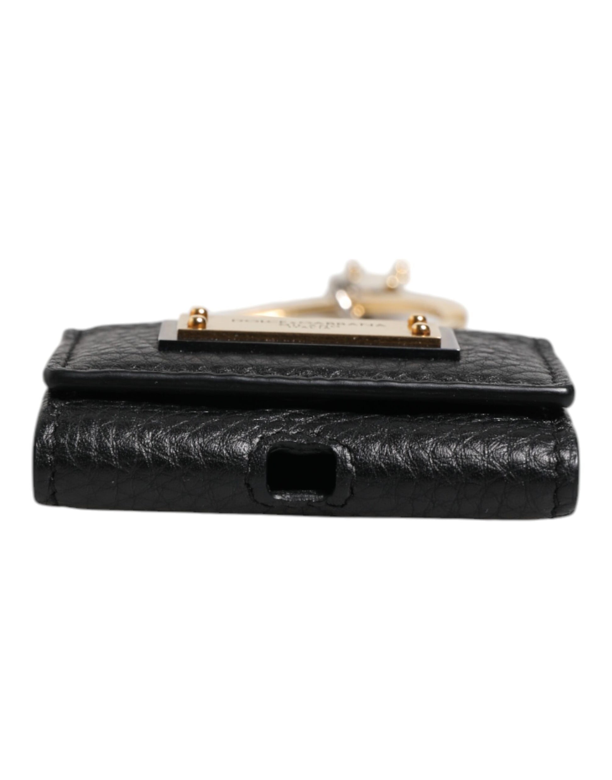 Étui AirPods Dolce & Gabbana en Cuir Noir avec Plaque Logo Métal Doré