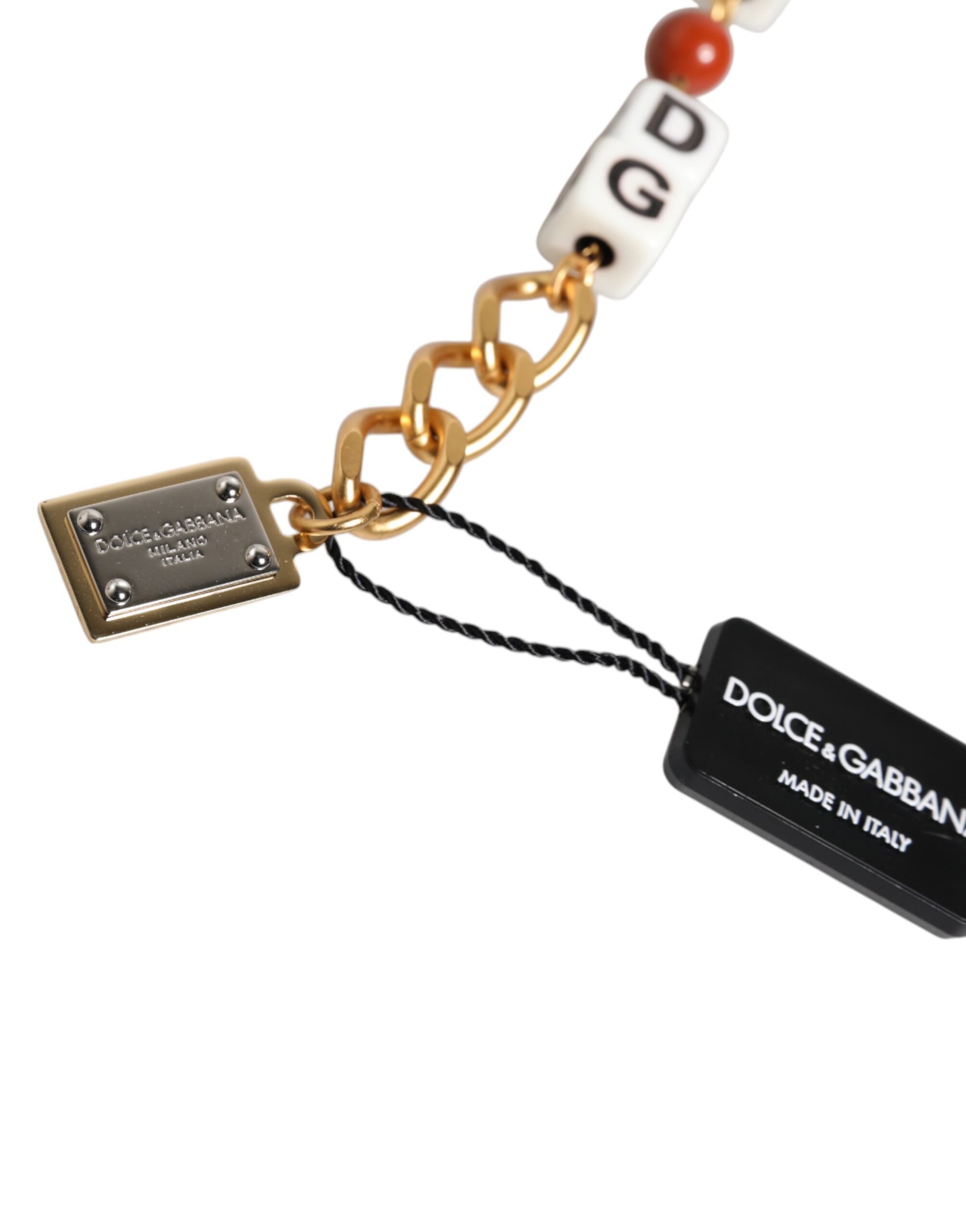Dolce &amp; Gabbana – Mehrfarbiges, goldfarbenes Messingkettenarmband mit DG-Logo und Würfeln