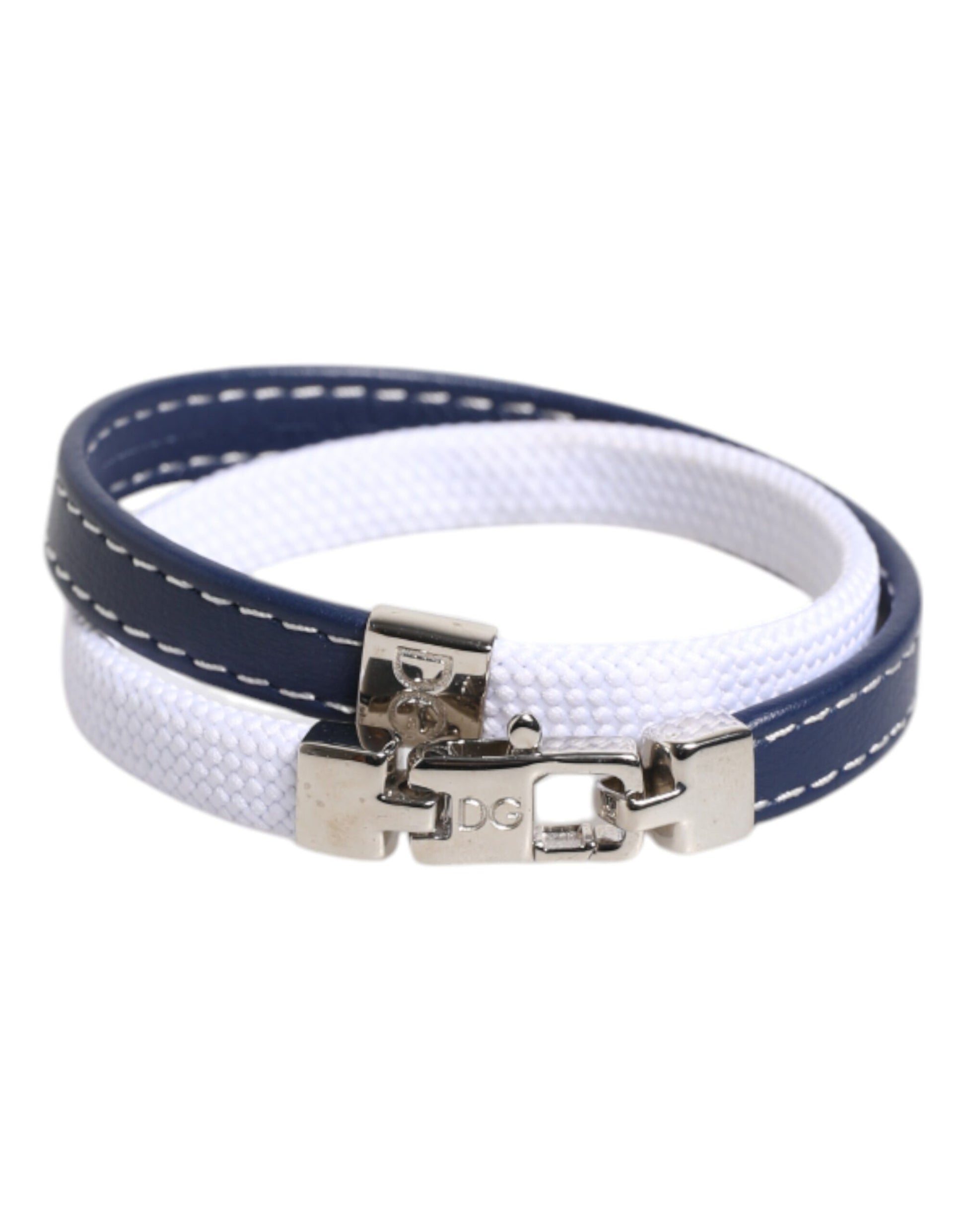Dolce &amp; Gabbana – Armband mit silberfarbenem Verschluss und blau-weißem Lederbesatz mit DG-Gravur