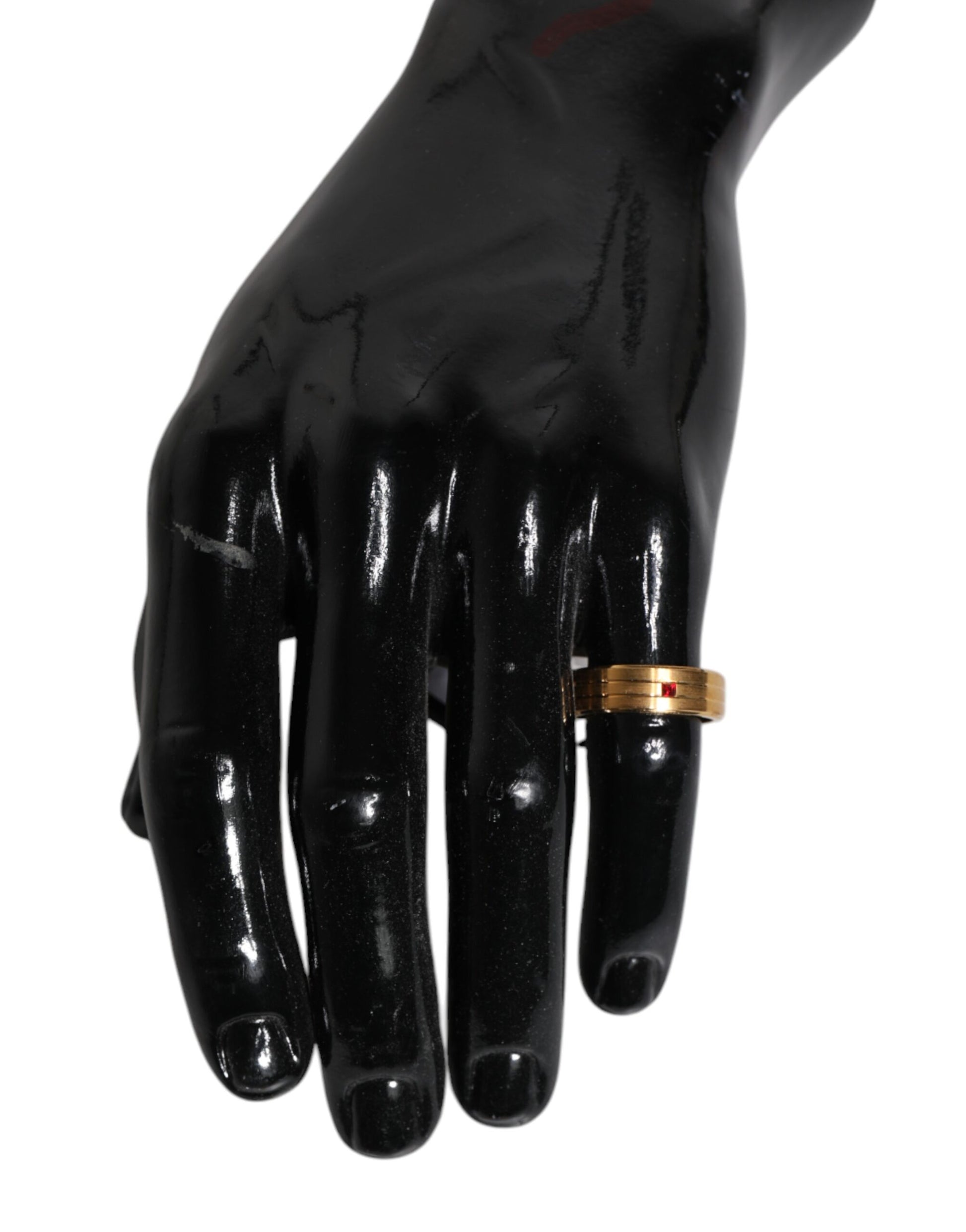 Dolce &amp; Gabbana – Goldfarbener Messingring mit DG-Logo und rotem Kristall