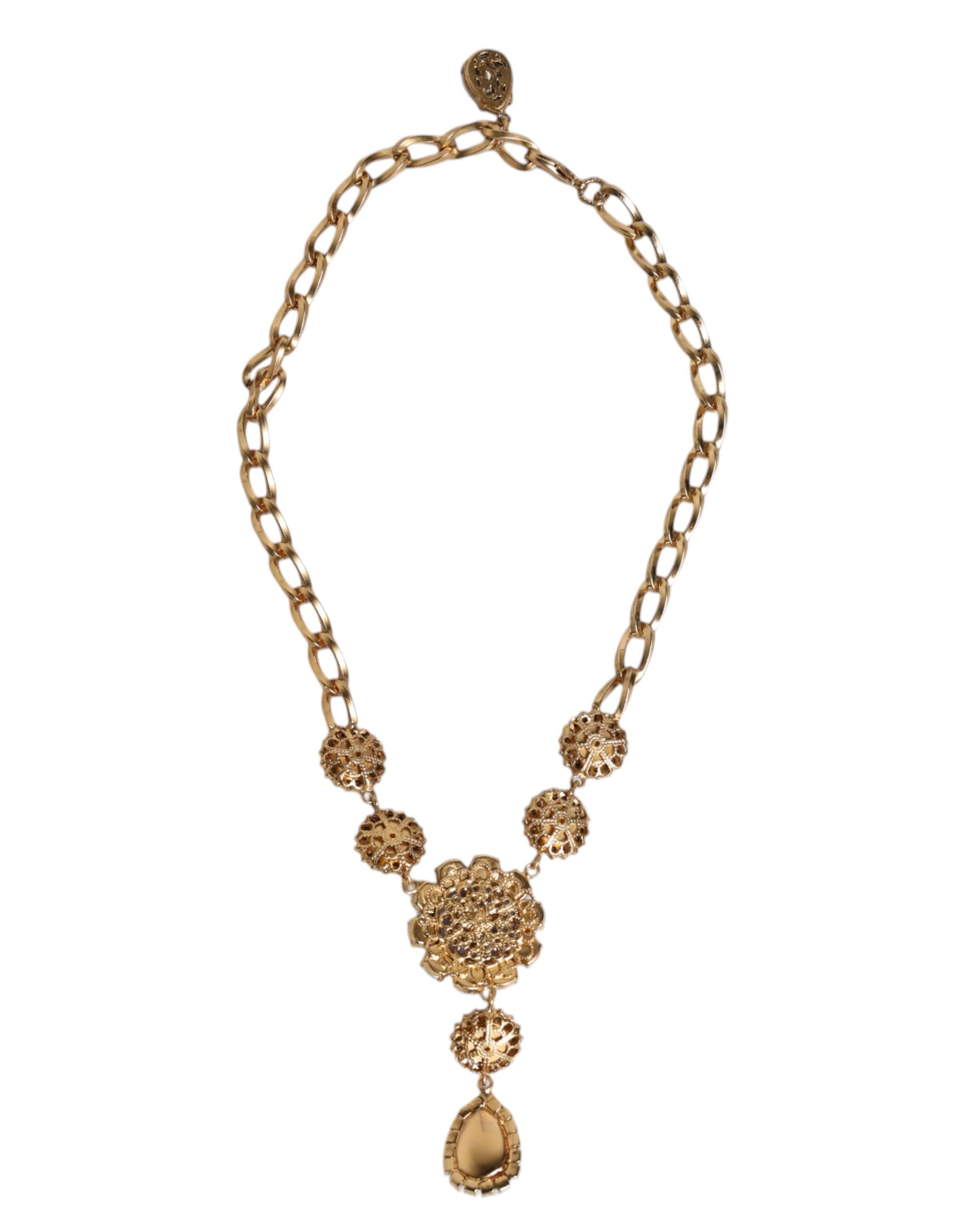 Dolce &amp; Gabbana – Halskette aus goldenem Messing mit floralen Kristallen und Perlenverzierung
