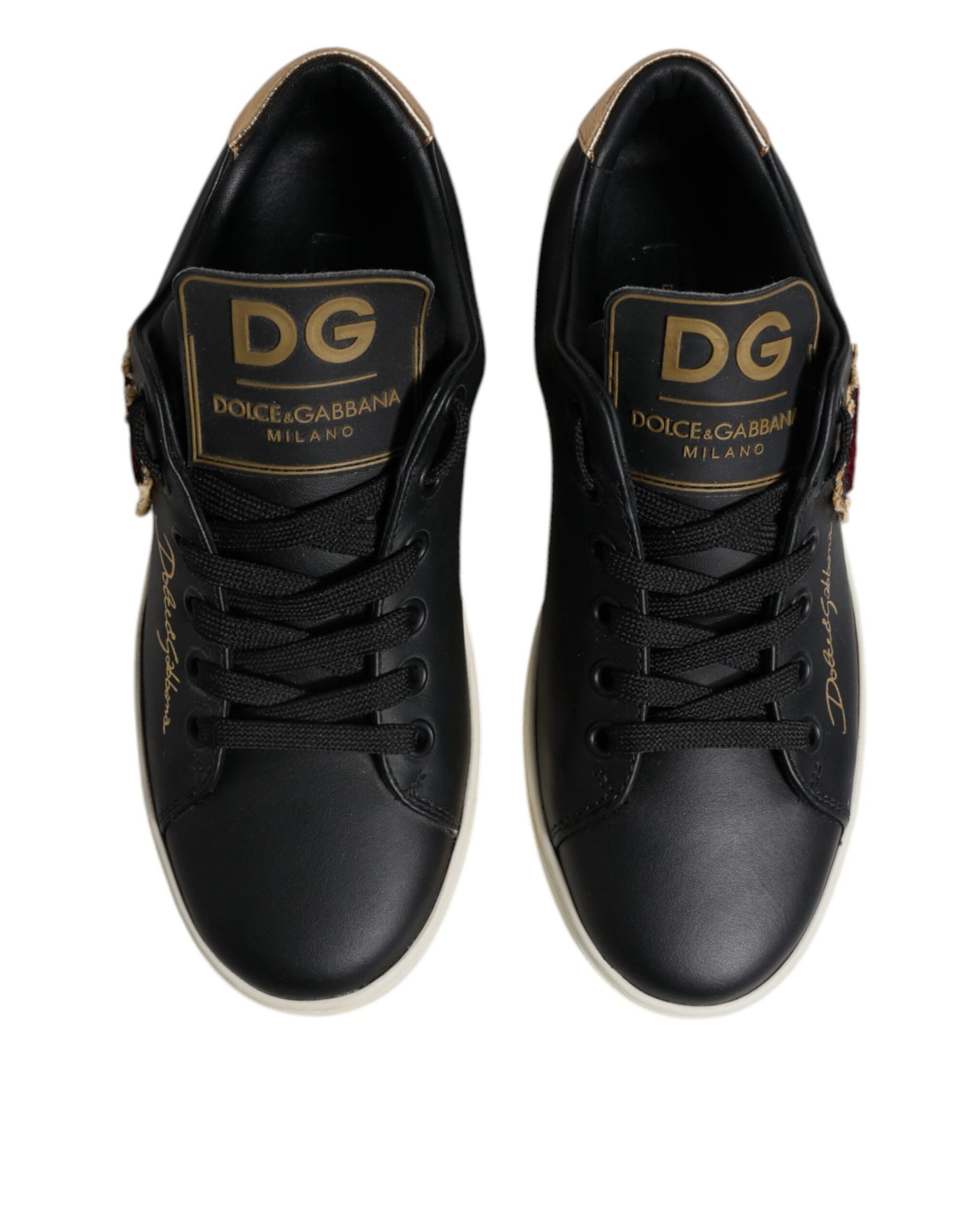 Chaussures Baskets Dolce & Gabbana en Cuir Noir Cœur Rouge Doré