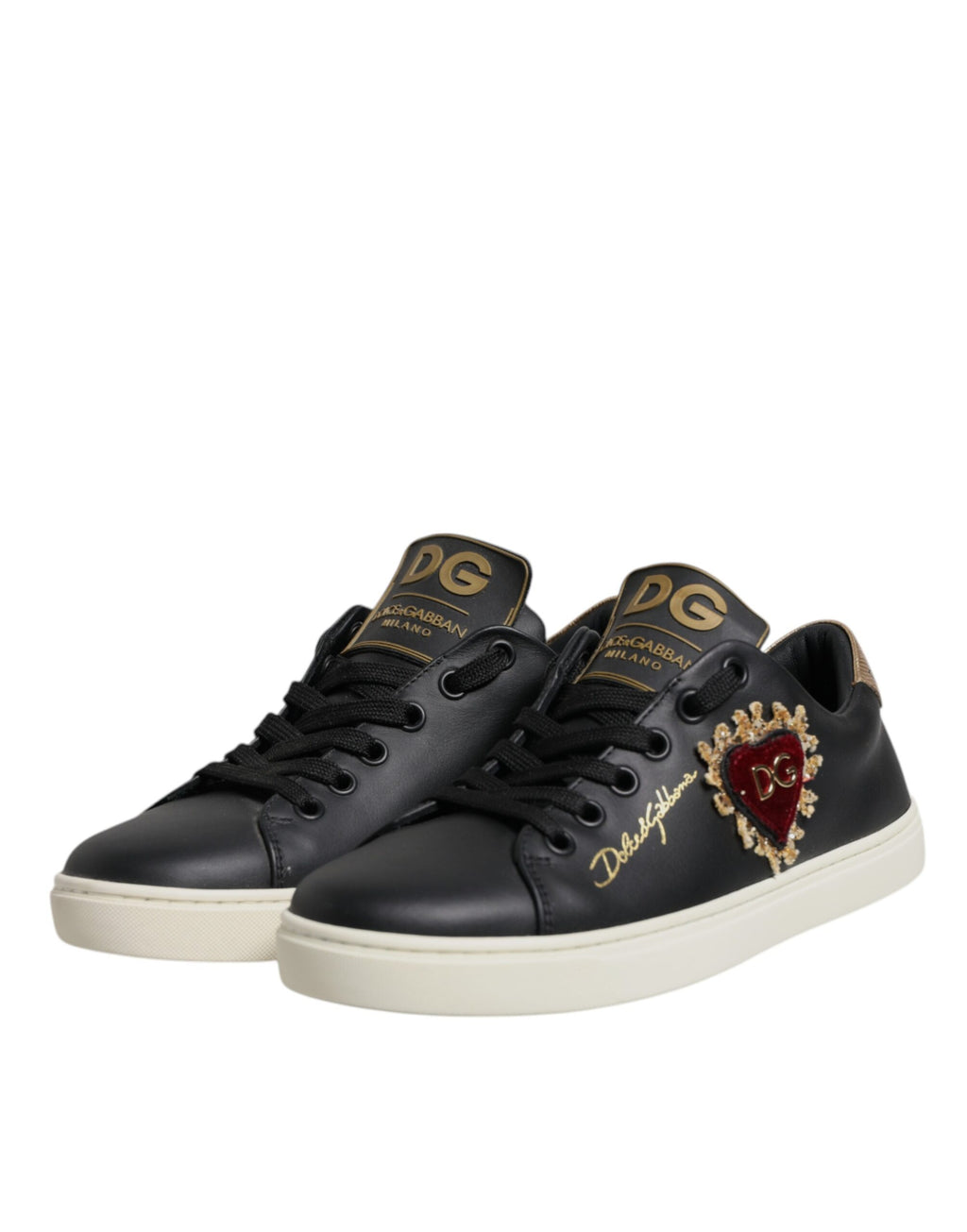 Chaussures Baskets Dolce & Gabbana en Cuir Noir Cœur Rouge Doré