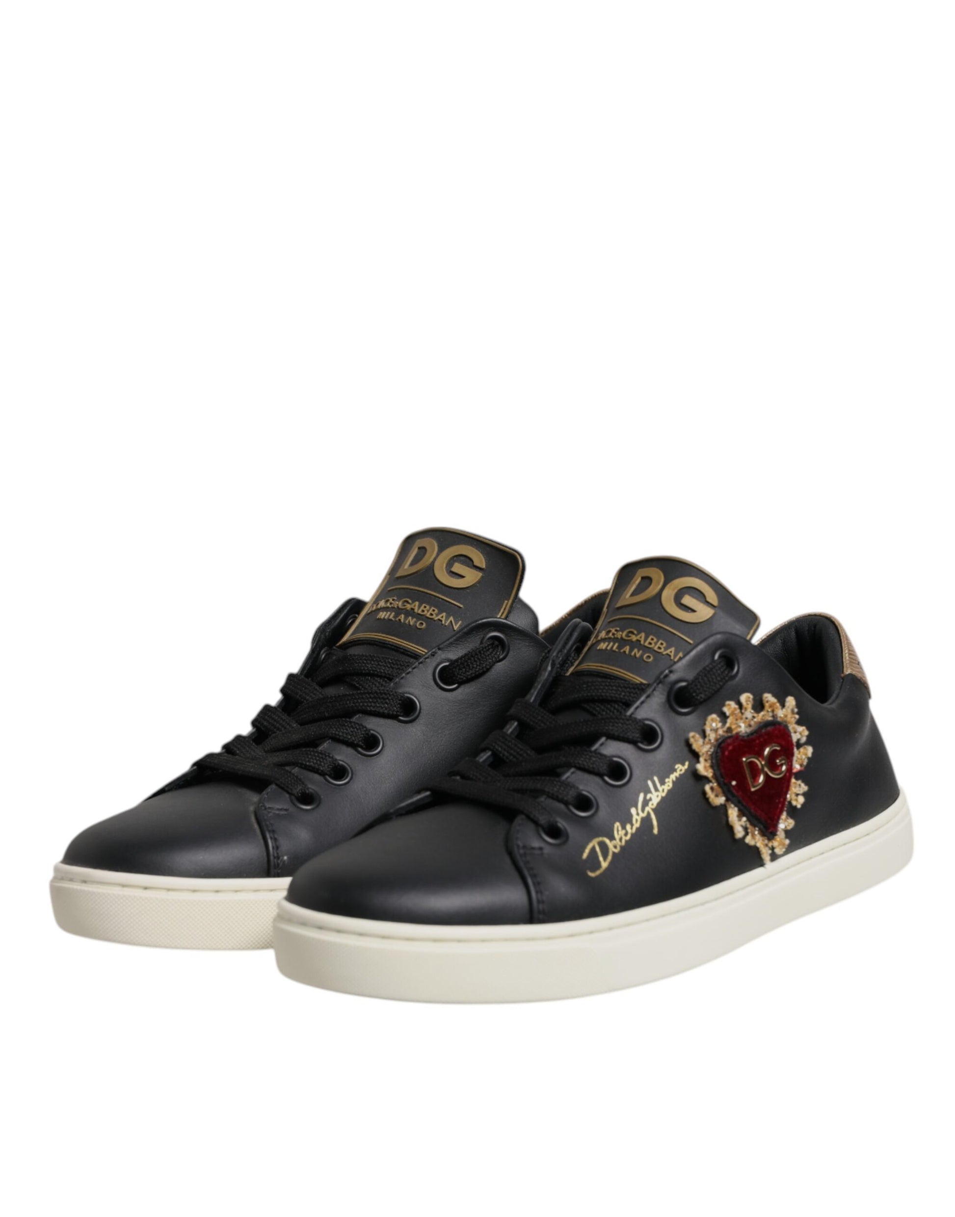 Chaussures Baskets Dolce & Gabbana en Cuir Noir Cœur Rouge Doré