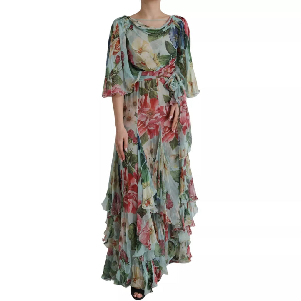 Robe longue maxi étagée Dolce & Gabbana à imprimé floral bleu