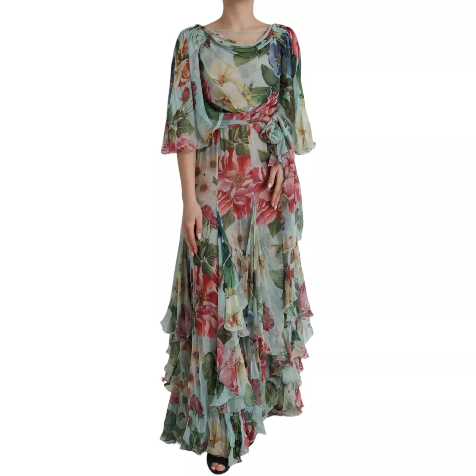 Robe longue maxi étagée Dolce & Gabbana à imprimé floral bleu