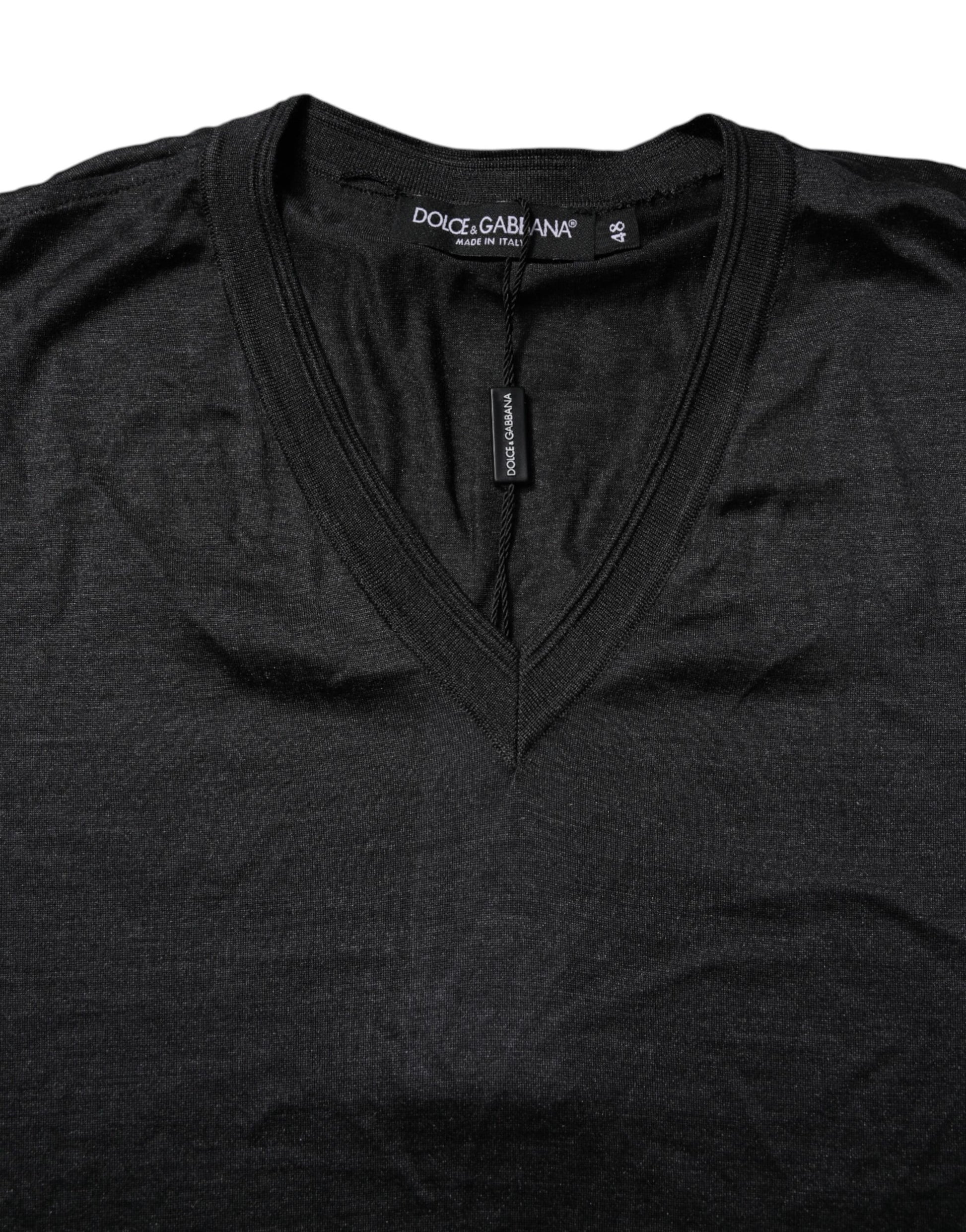 Dolce & Gabbana Dark Gray Silk V-neck Short Sleeves T-shirt