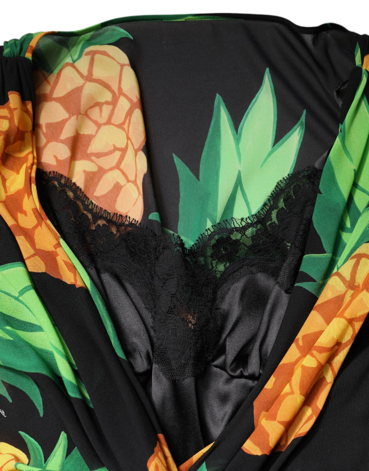 Robe portefeuille drapée Dolce & Gabbana en soie noire à imprimé ananas