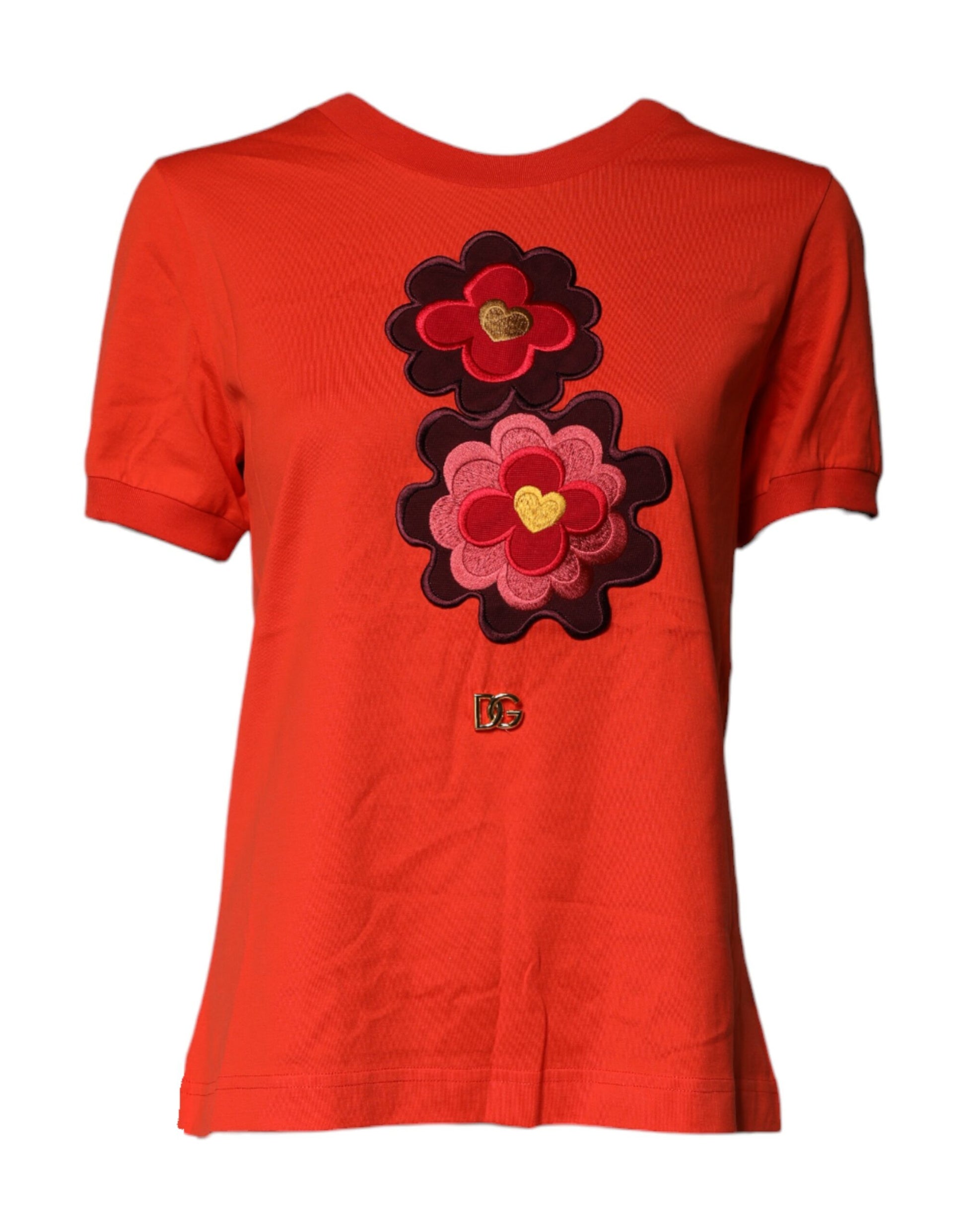 T-shirt Dolce & Gabbana en Coton Brodé à Col Rond et Motifs Floraux Rouges