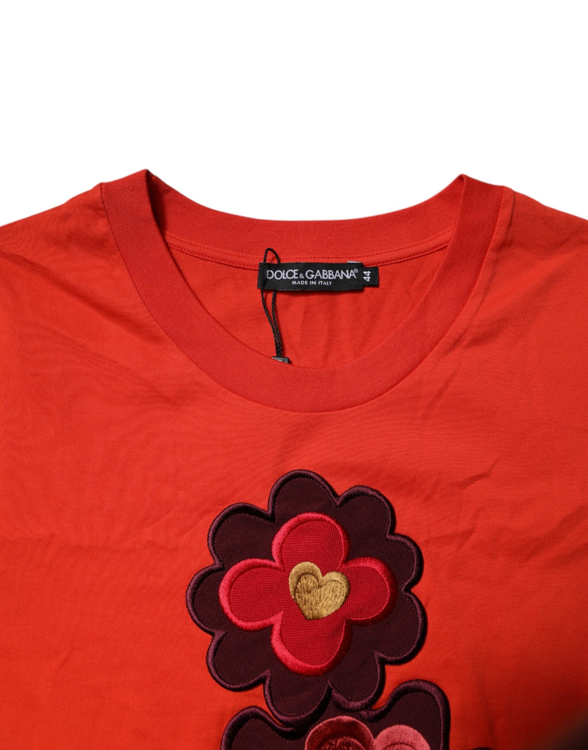 T-shirt Dolce & Gabbana en Coton Brodé à Col Rond et Motifs Floraux Rouges