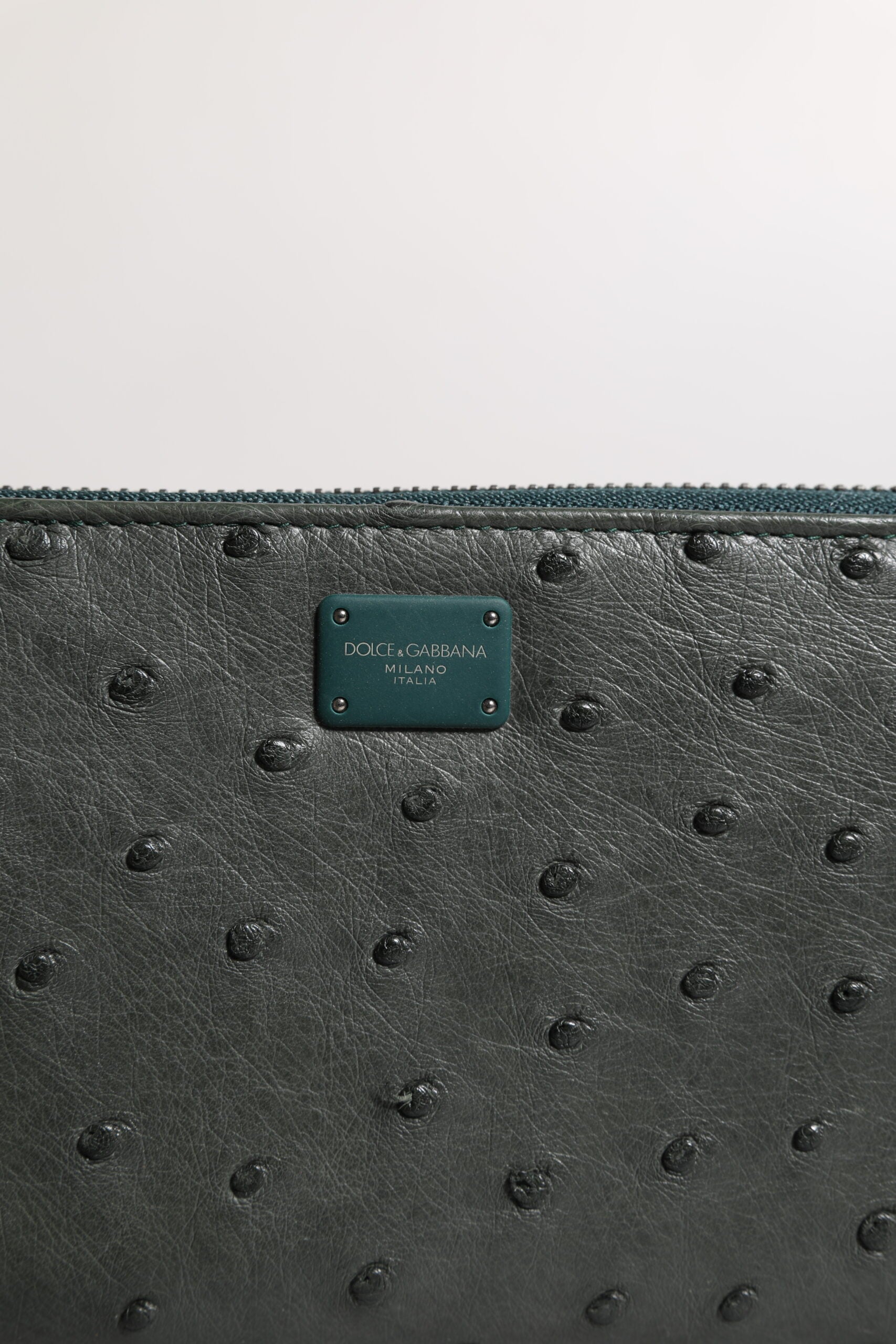 Portefeuille Continental Zippé Dolce & Gabbana en Autruche Verte à Plaque Logo