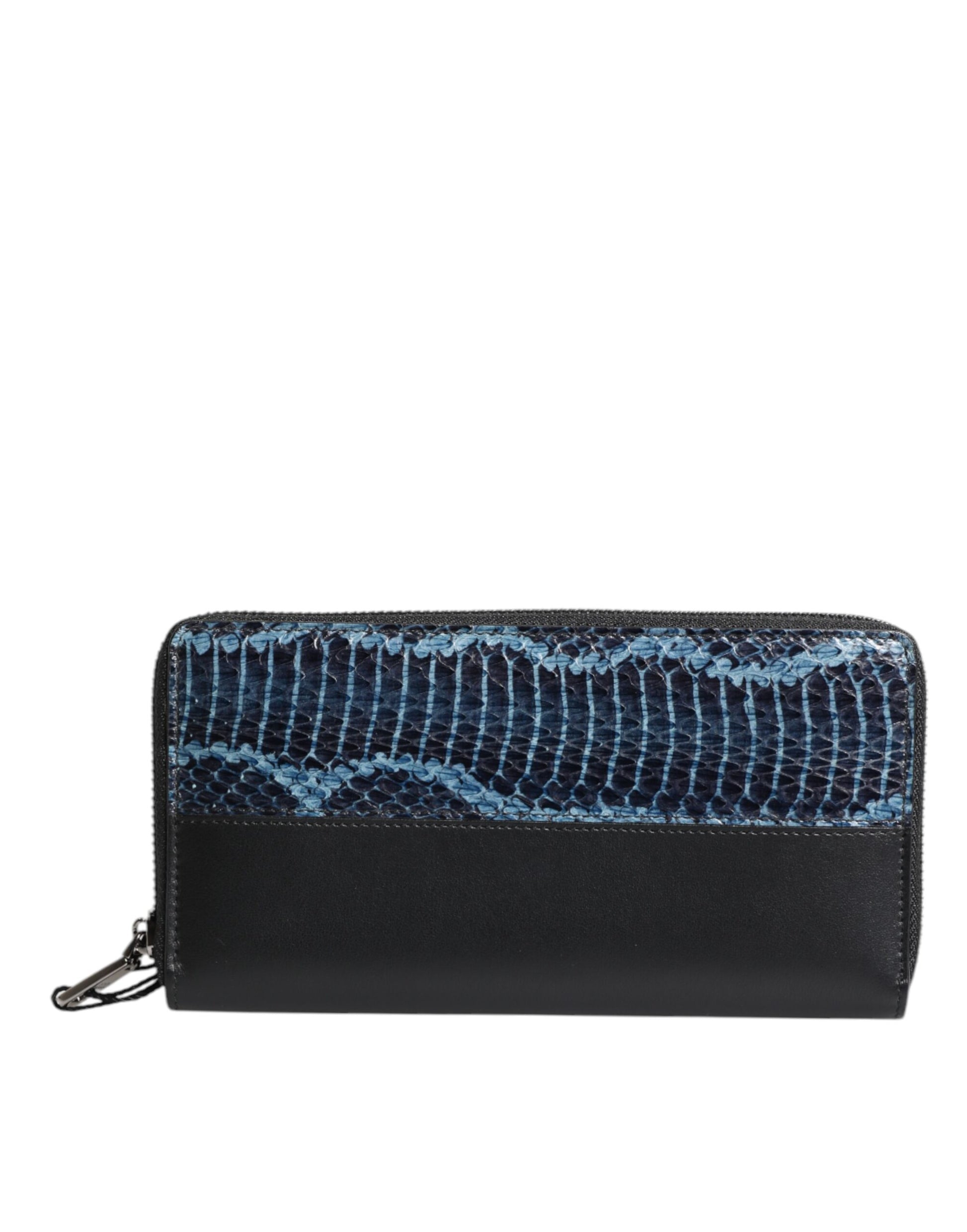 Portefeuille Continental Dolce & Gabbana en Cuir Exotique Gaufré Noir et Bleu
