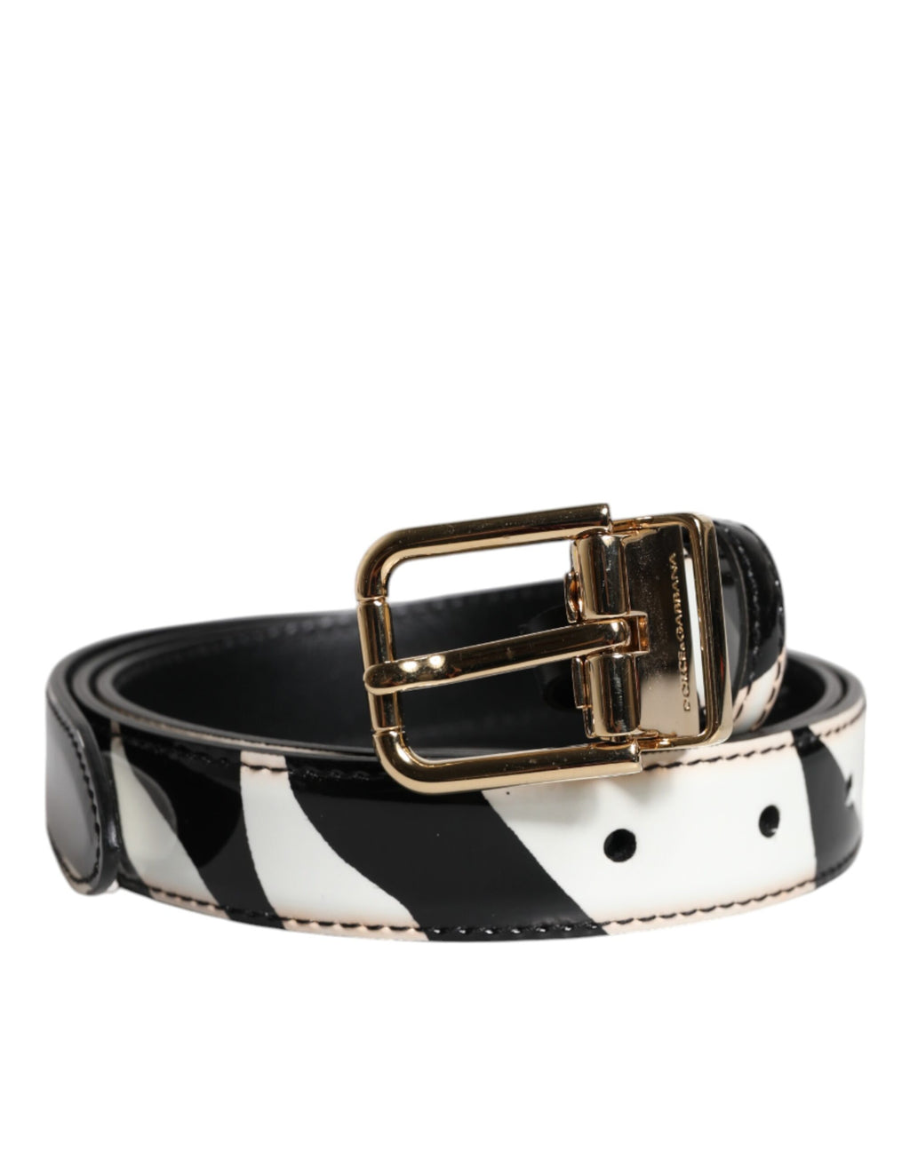 Ceinture Dolce & Gabbana Noire et Blanche Motif Zèbre avec Boucle Logo en Métal Doré