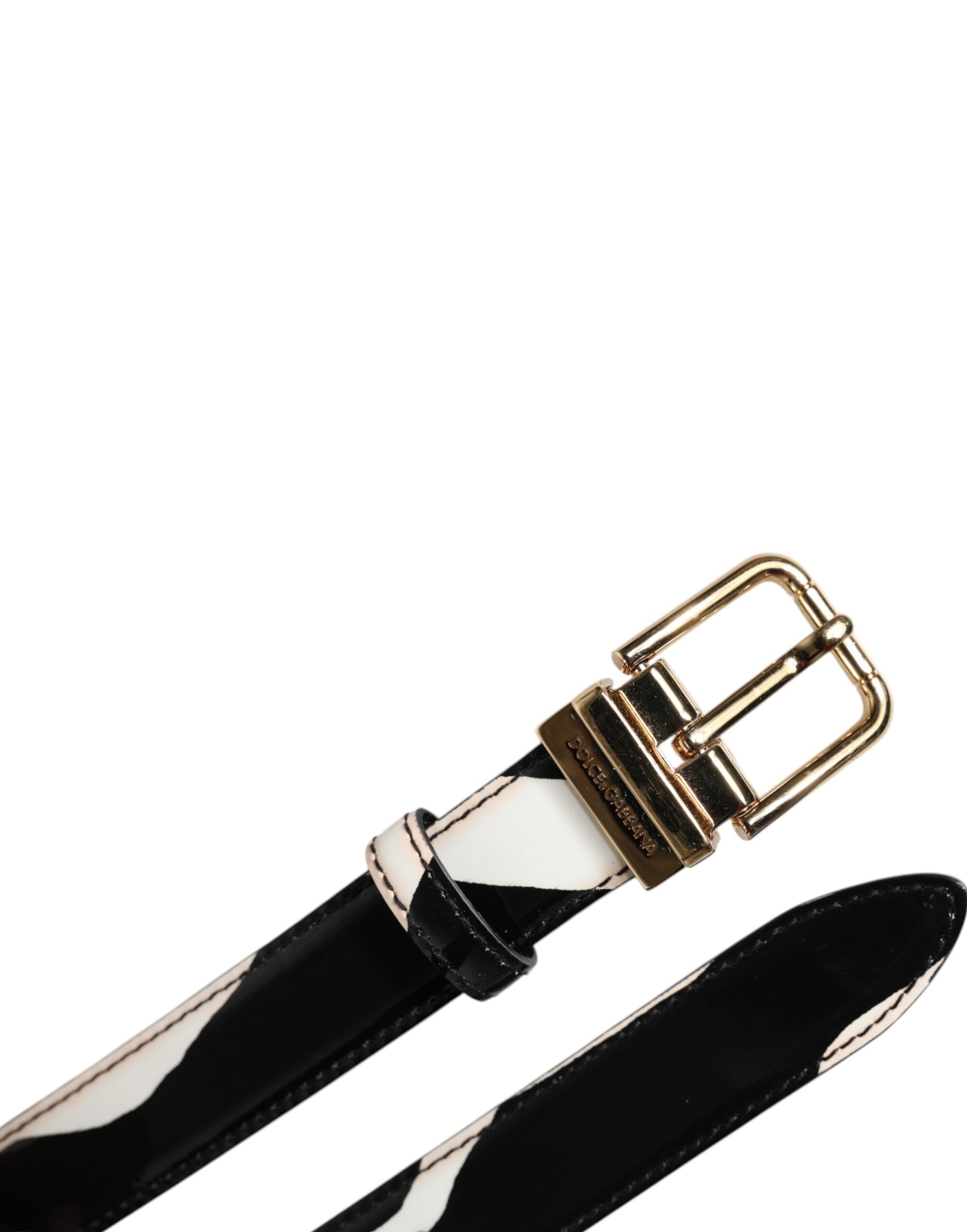 Ceinture Dolce & Gabbana Noire et Blanche Motif Zèbre avec Boucle Logo en Métal Doré