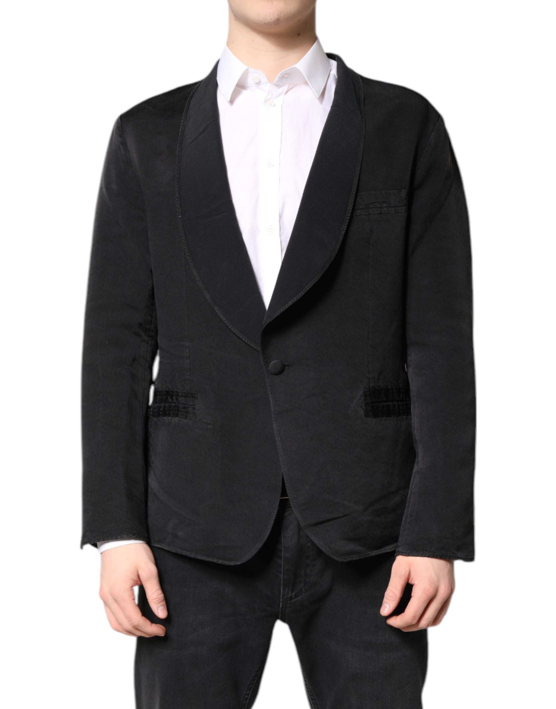 Costume Blazer Manteau Droit en Soie Noire Dolce & Gabbana