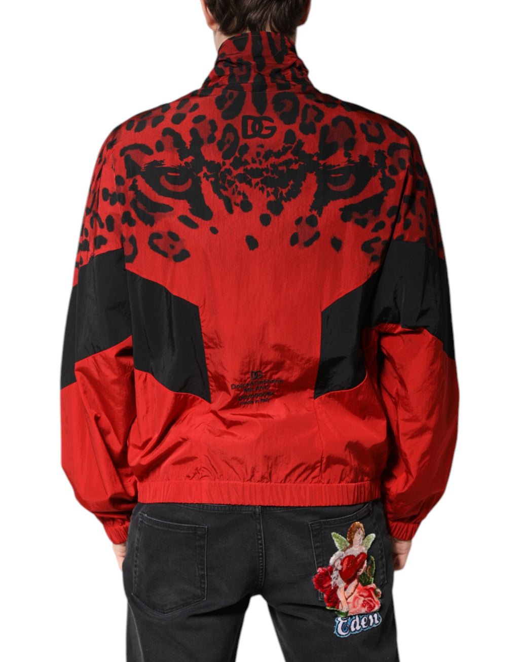 Blouson bomber Dolce & Gabbana en nylon rouge imprimé léopard avec fermeture éclair intégrale