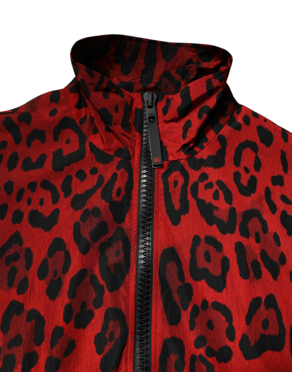 Blouson bomber Dolce & Gabbana en nylon rouge imprimé léopard avec fermeture éclair intégrale