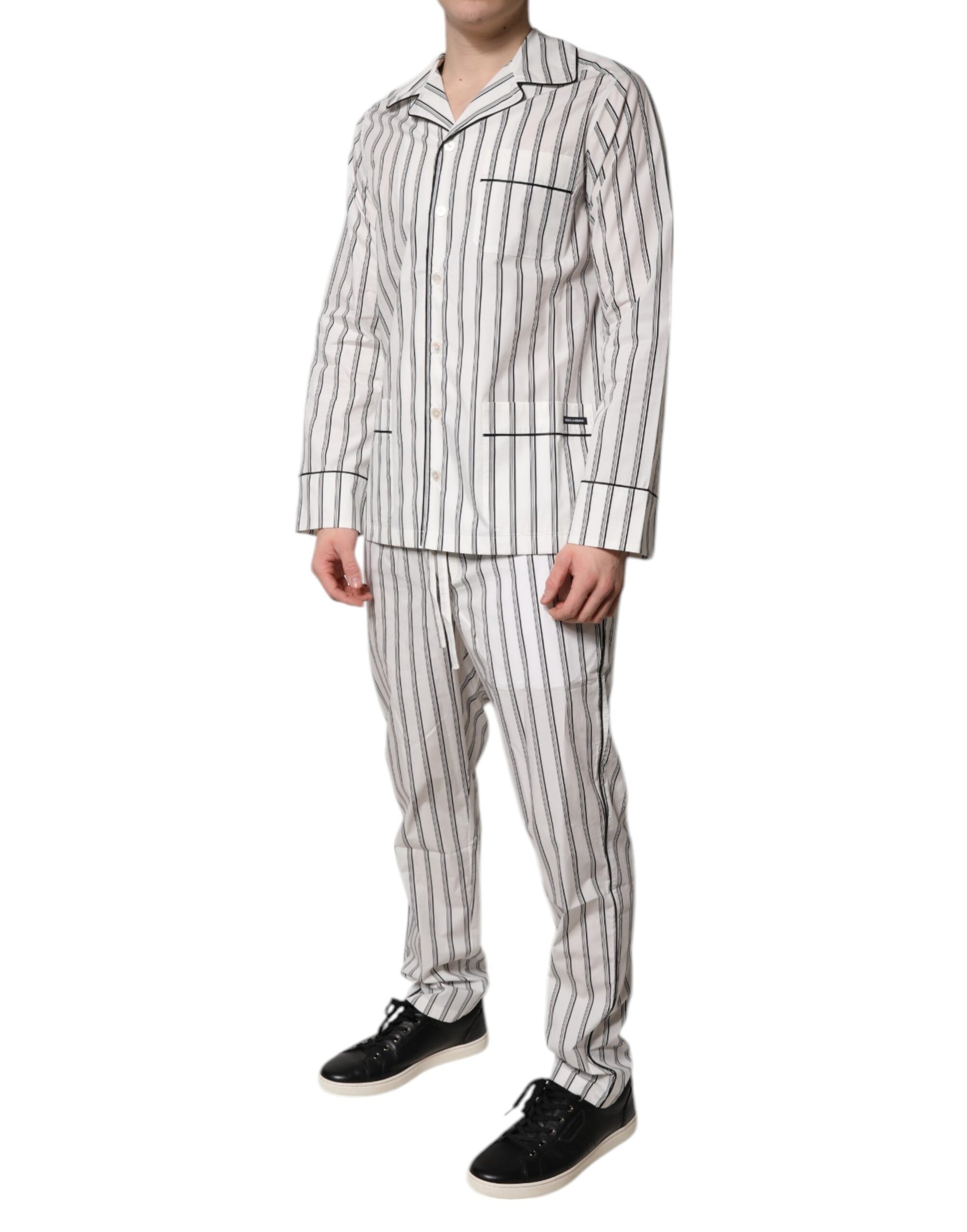Dolce &amp; Gabbana Weiß Schwarz Streifen Baumwolle Männer Pyjama Set Nachtwäsche