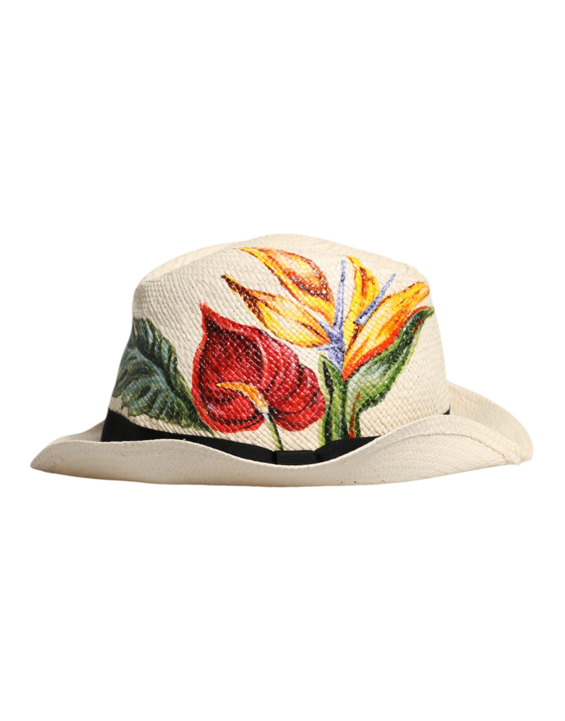 Chapeau Fedora Dolce & Gabbana en paille à imprimé floral beige et à larges bords