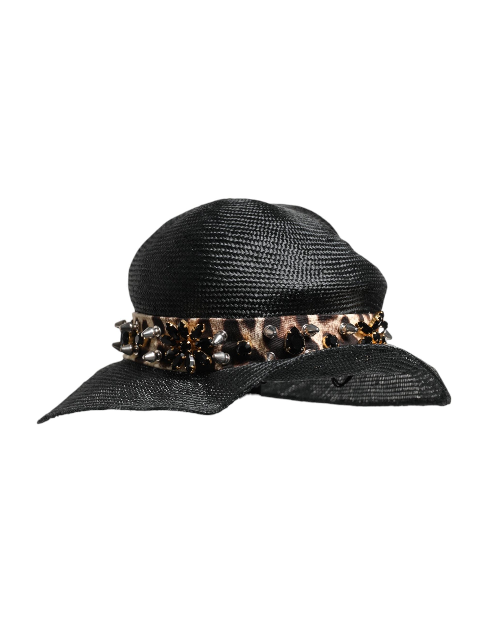 Chapeau à large bord Dolce & Gabbana en paille noire orné de cristaux