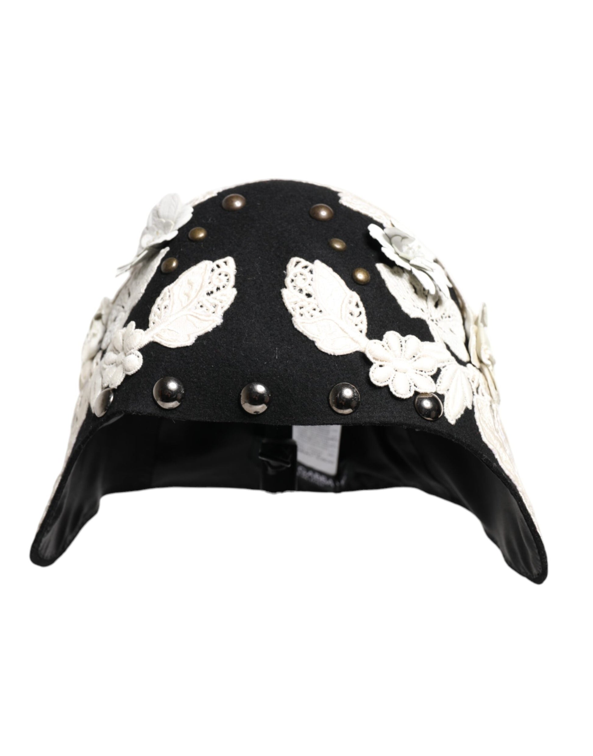 Chapeau cloche Dolce & Gabbana en laine noire, motif floral blanc et feuilles dorées