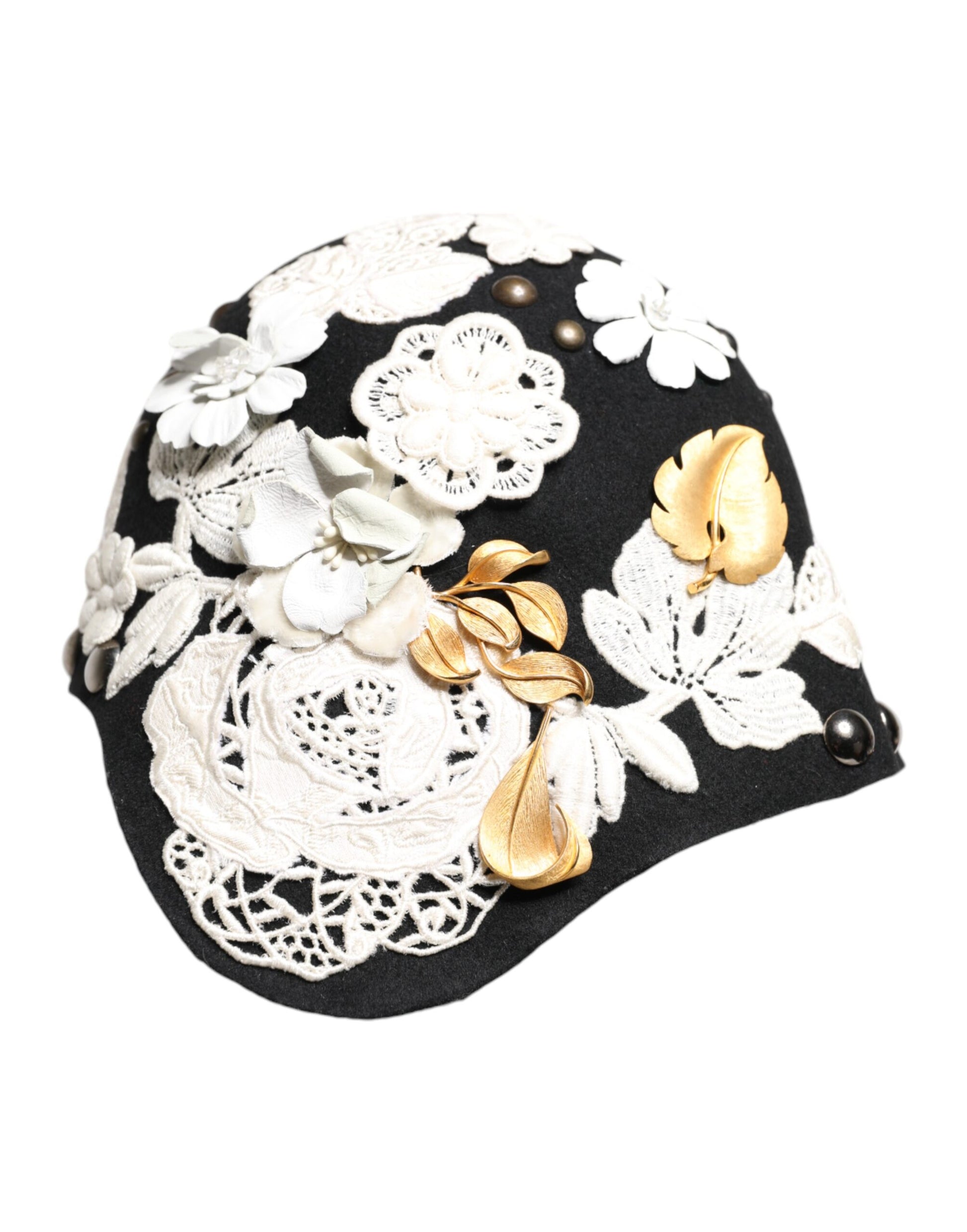 Chapeau cloche Dolce & Gabbana en laine noire, motif floral blanc et feuilles dorées
