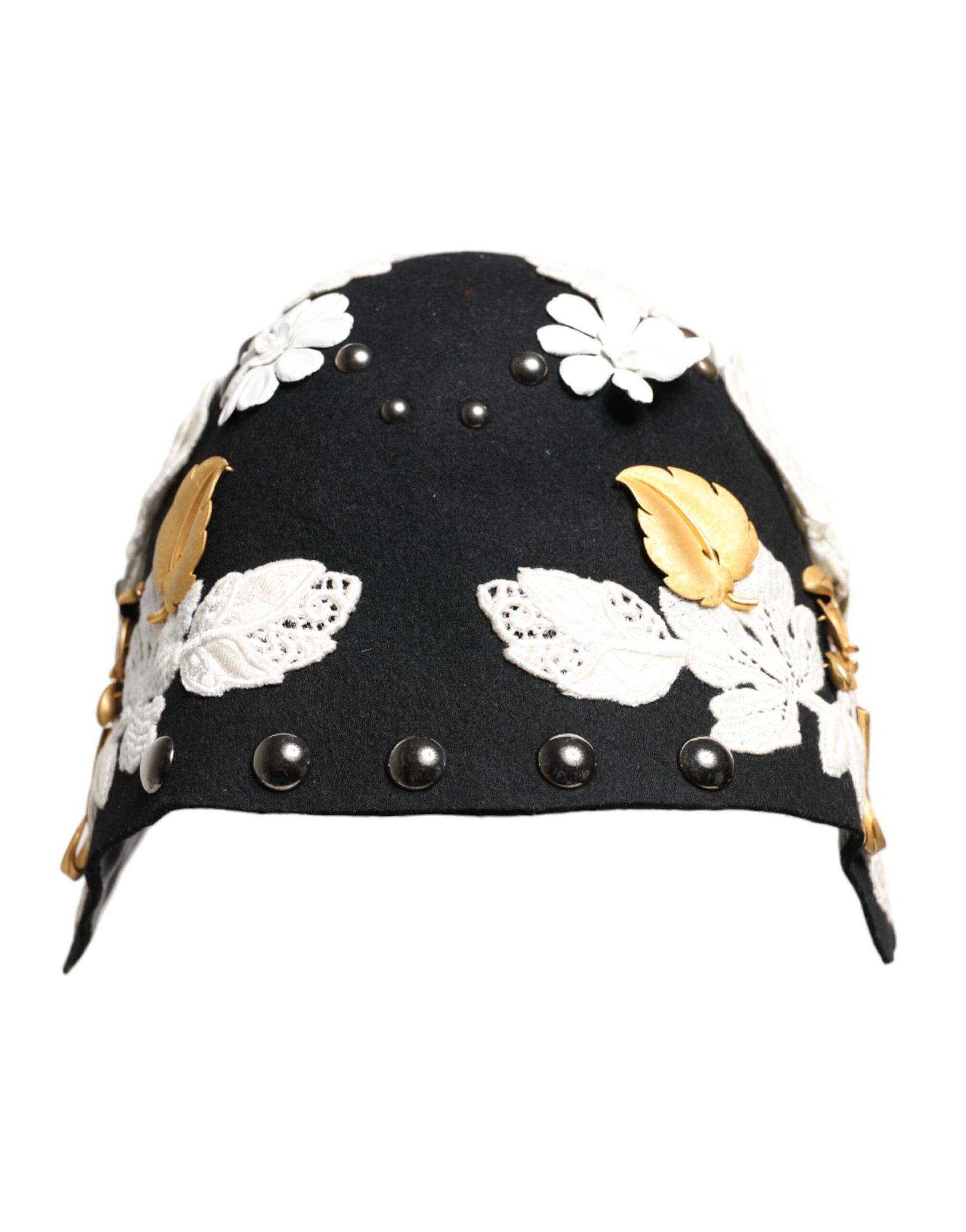 Chapeau cloche Dolce & Gabbana en laine noire, motif floral blanc et feuilles dorées