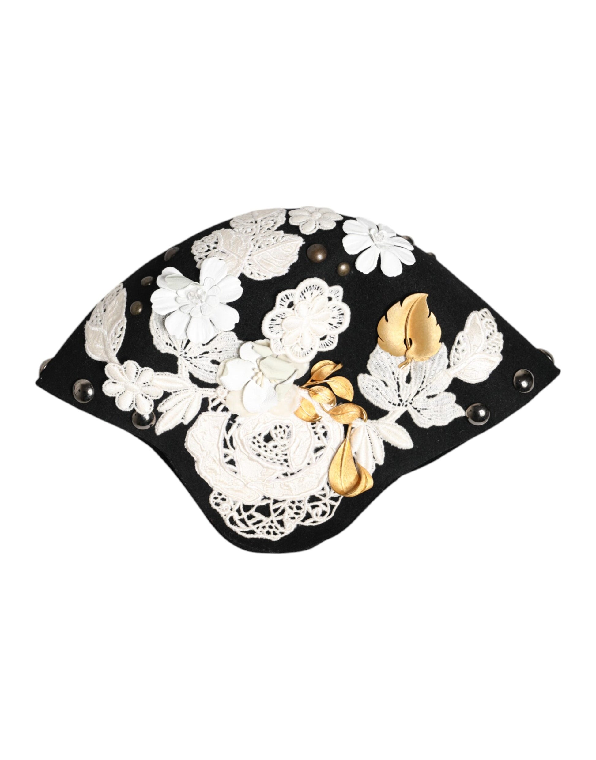 Chapeau cloche Dolce & Gabbana en laine noire, motif floral blanc et feuilles dorées