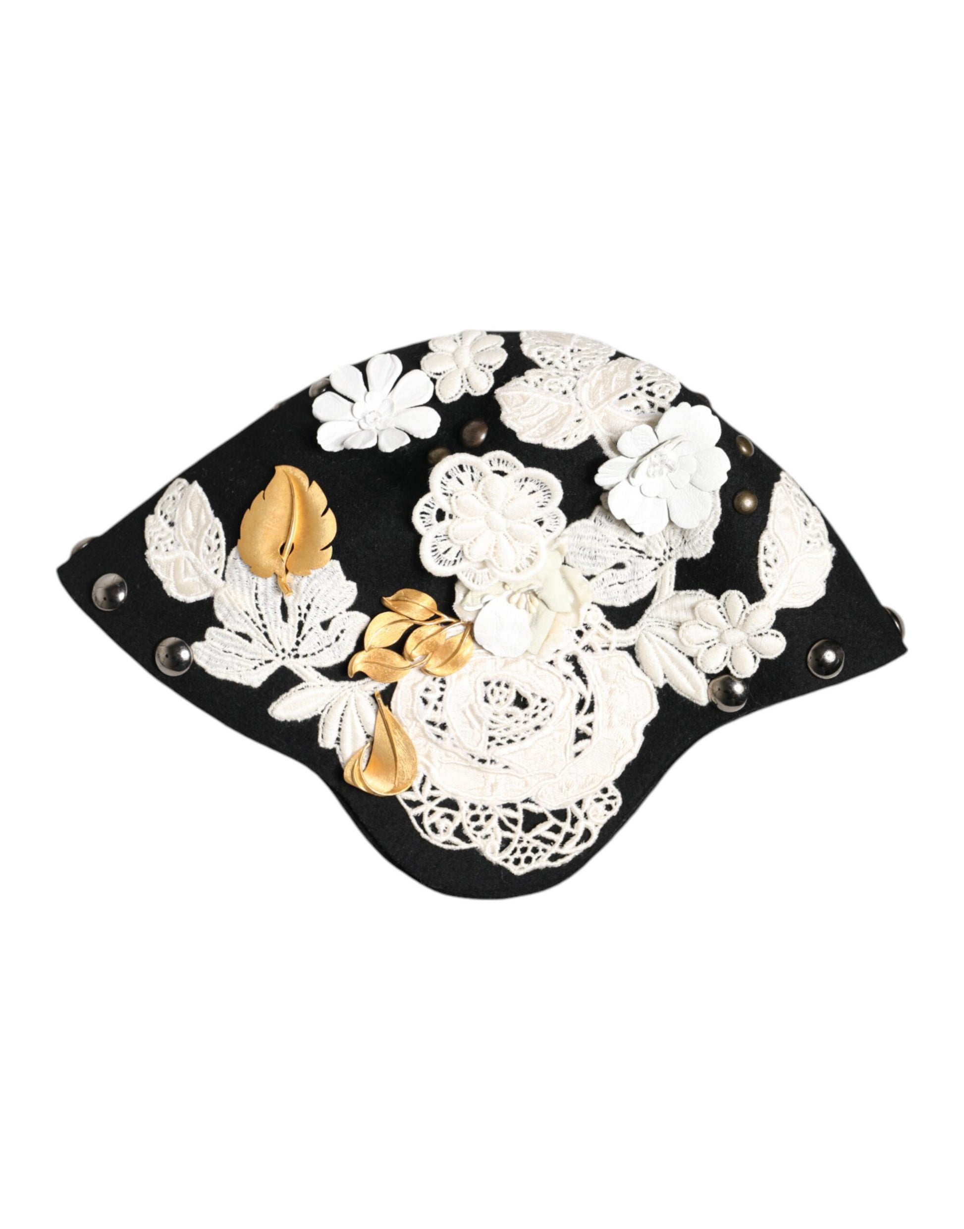 Chapeau cloche Dolce & Gabbana en laine noire, motif floral blanc et feuilles dorées