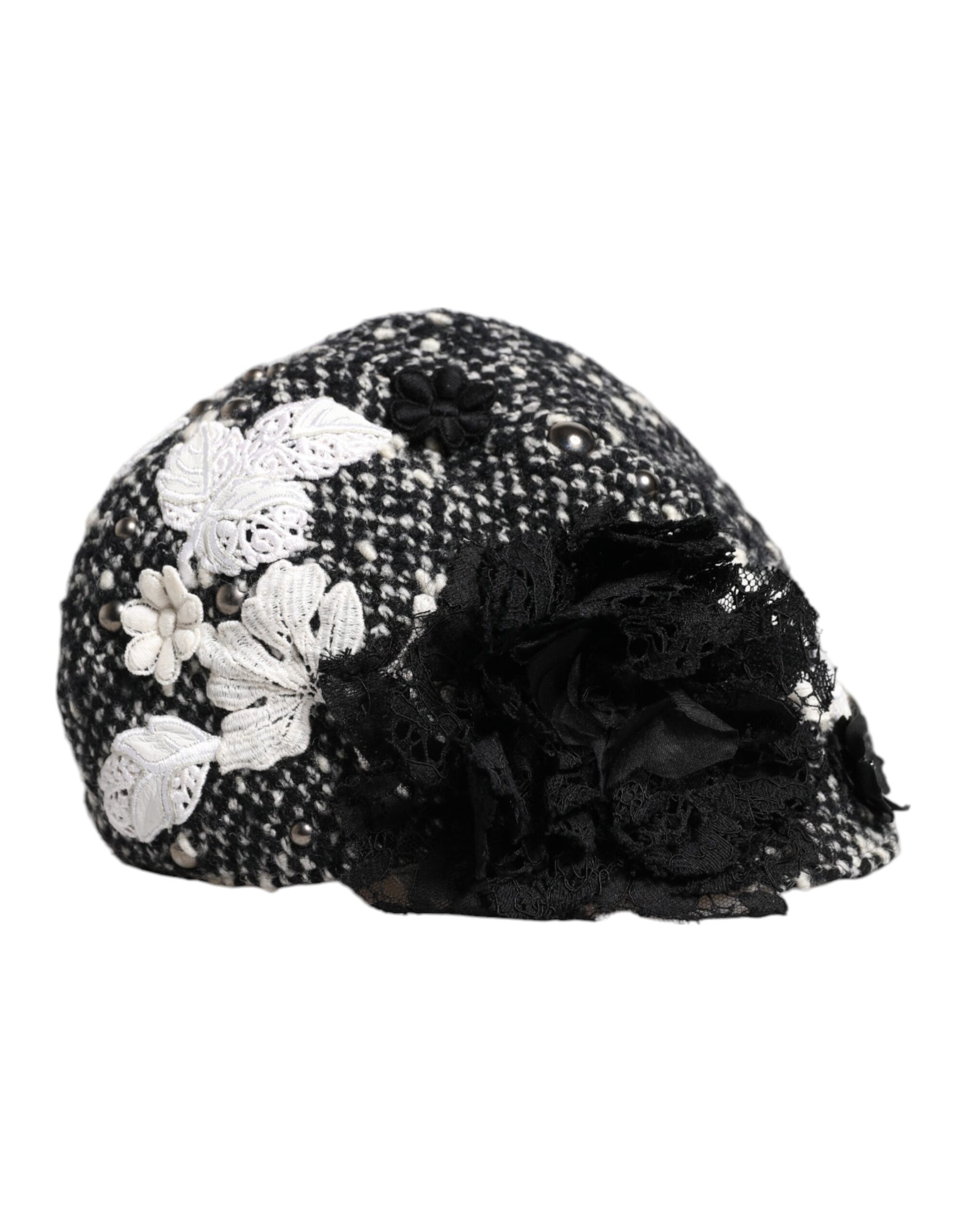 Chapeau Cloche Dolce & Gabbana en Laine Noire Orné de Fleurs Blanches