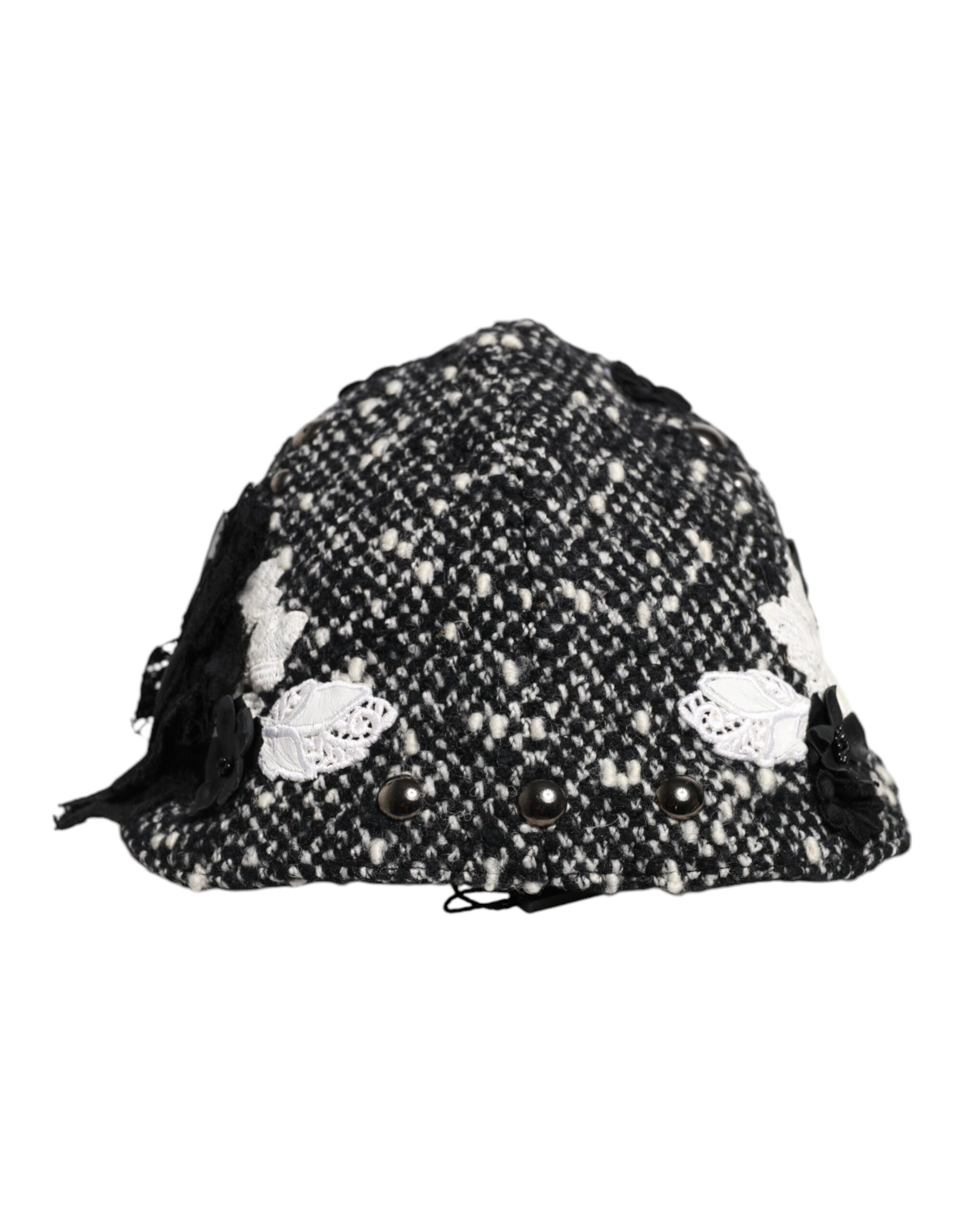 Chapeau Cloche Dolce & Gabbana en Laine Noire Orné de Fleurs Blanches