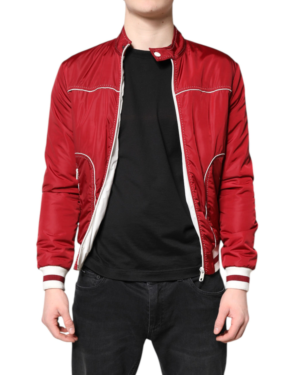 Blouson Bomber Dolce & Gabbana Rouge et Blanc en Nylon Entièrement Zippé pour Homme