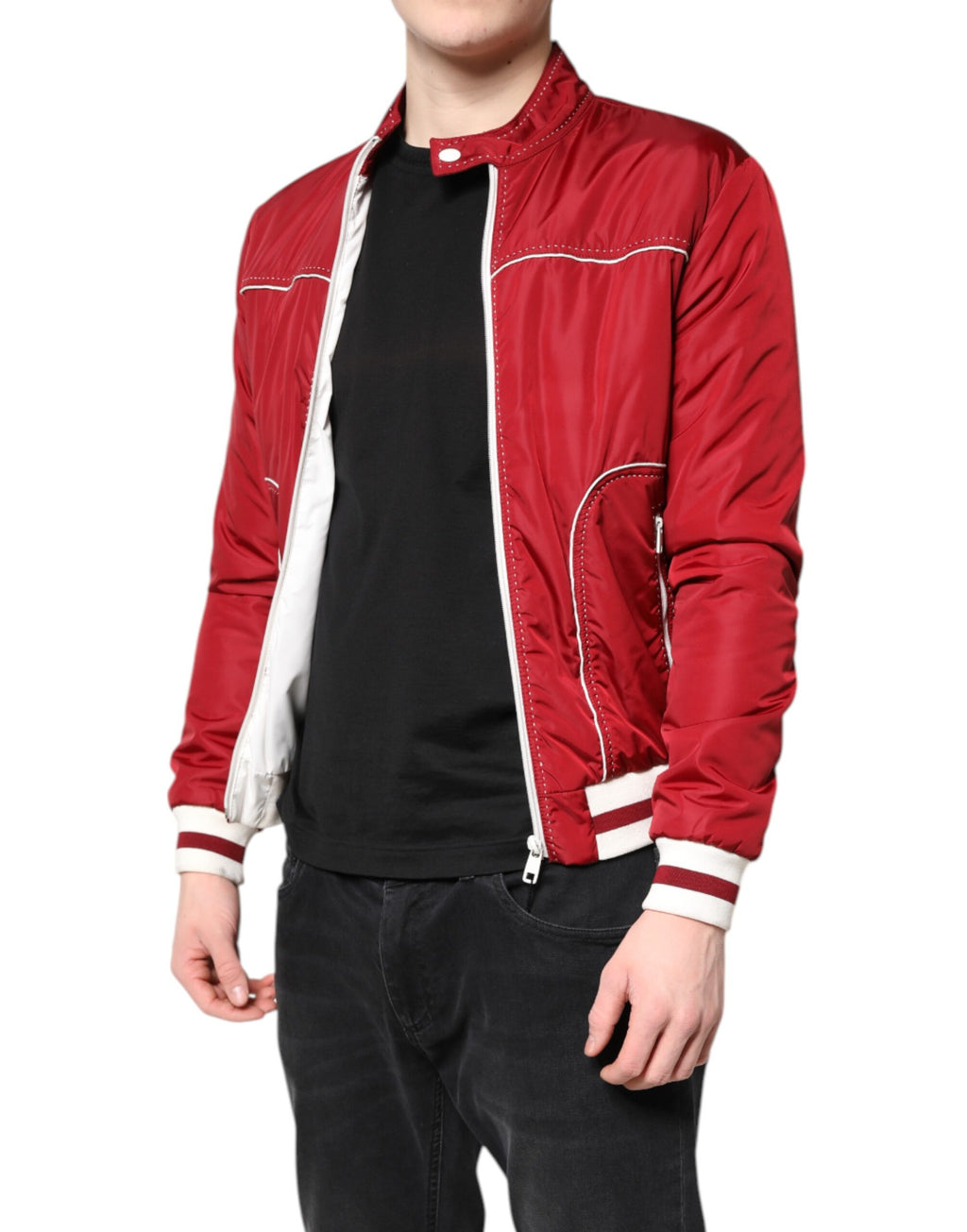 Blouson Bomber Dolce & Gabbana Rouge et Blanc en Nylon Entièrement Zippé pour Homme