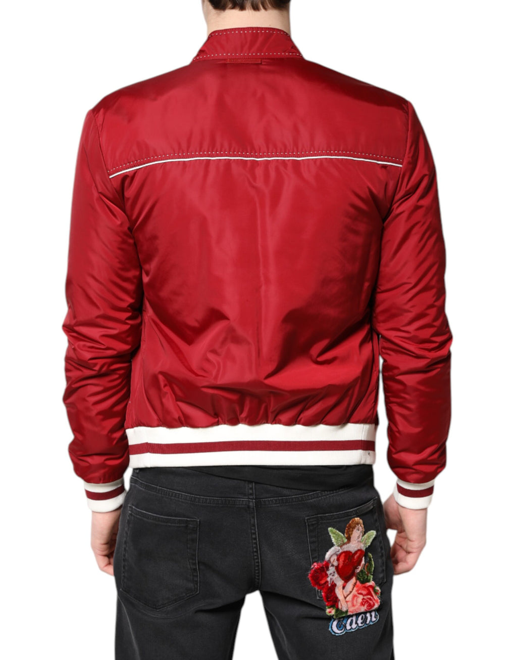 Blouson Bomber Dolce & Gabbana Rouge et Blanc en Nylon Entièrement Zippé pour Homme