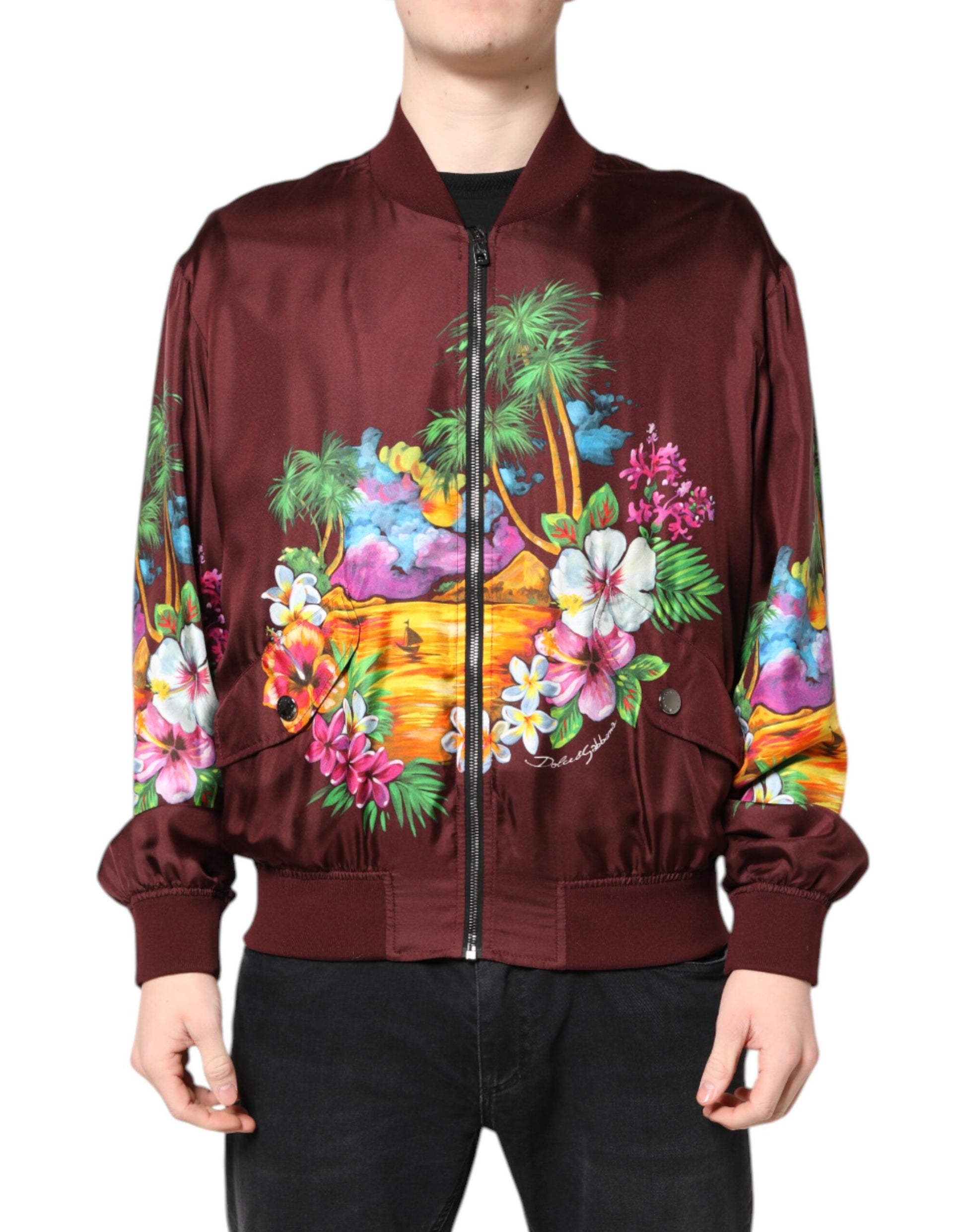 Blouson bomber Dolce & Gabbana bordeaux à imprimé floral et fermeture éclair intégrale