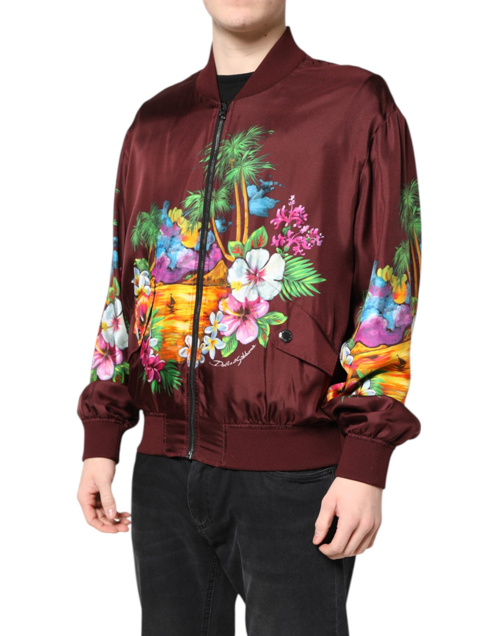 Blouson bomber Dolce & Gabbana bordeaux à imprimé floral et fermeture éclair intégrale
