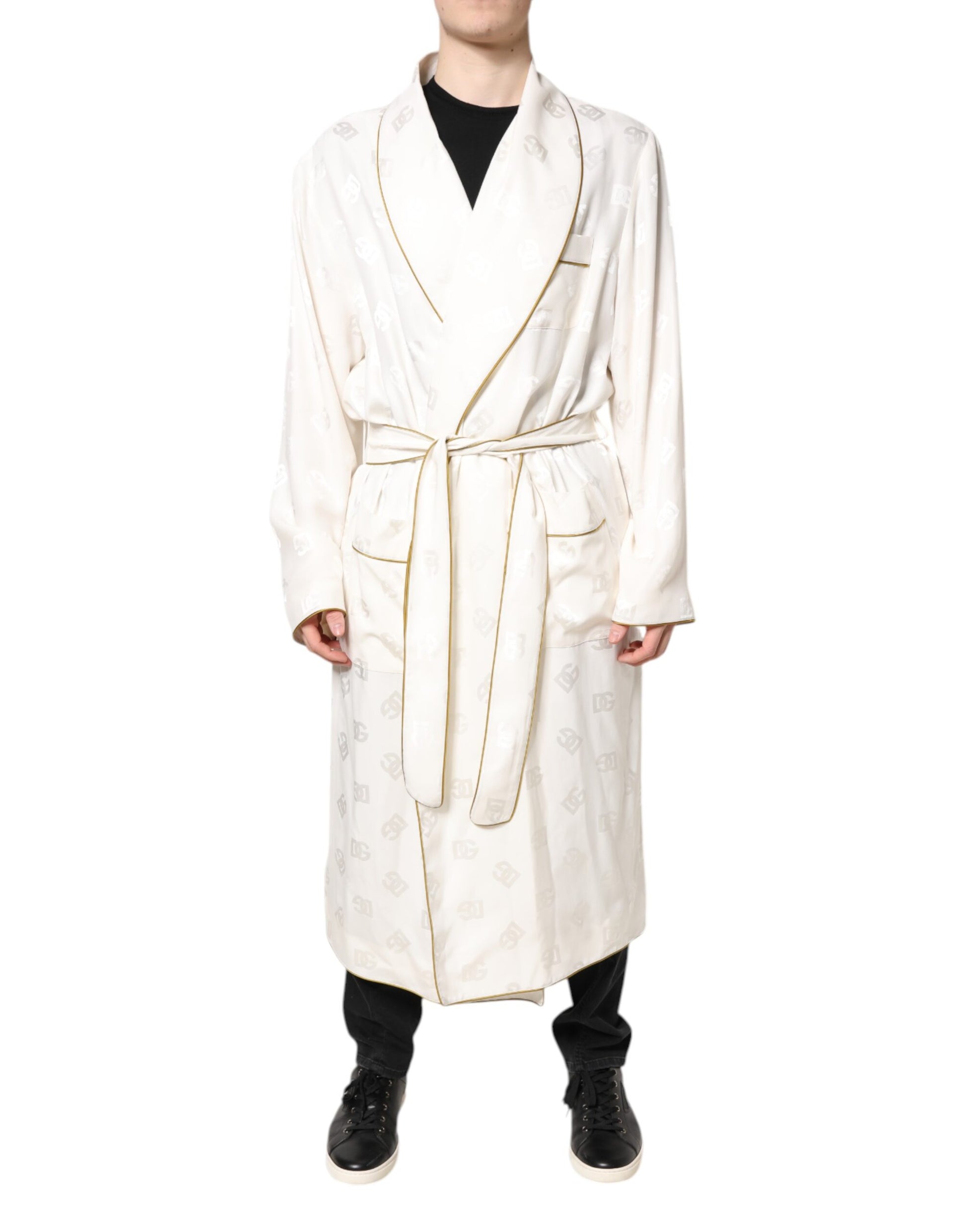 Dolce & Gabbana Manteau peignoir cache-cœur homme en soie ivoire à logo