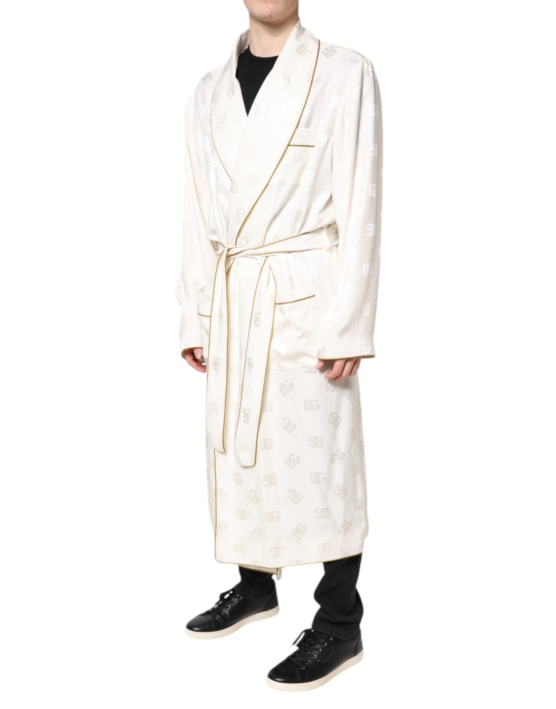 Dolce & Gabbana Manteau peignoir cache-cœur homme en soie ivoire à logo