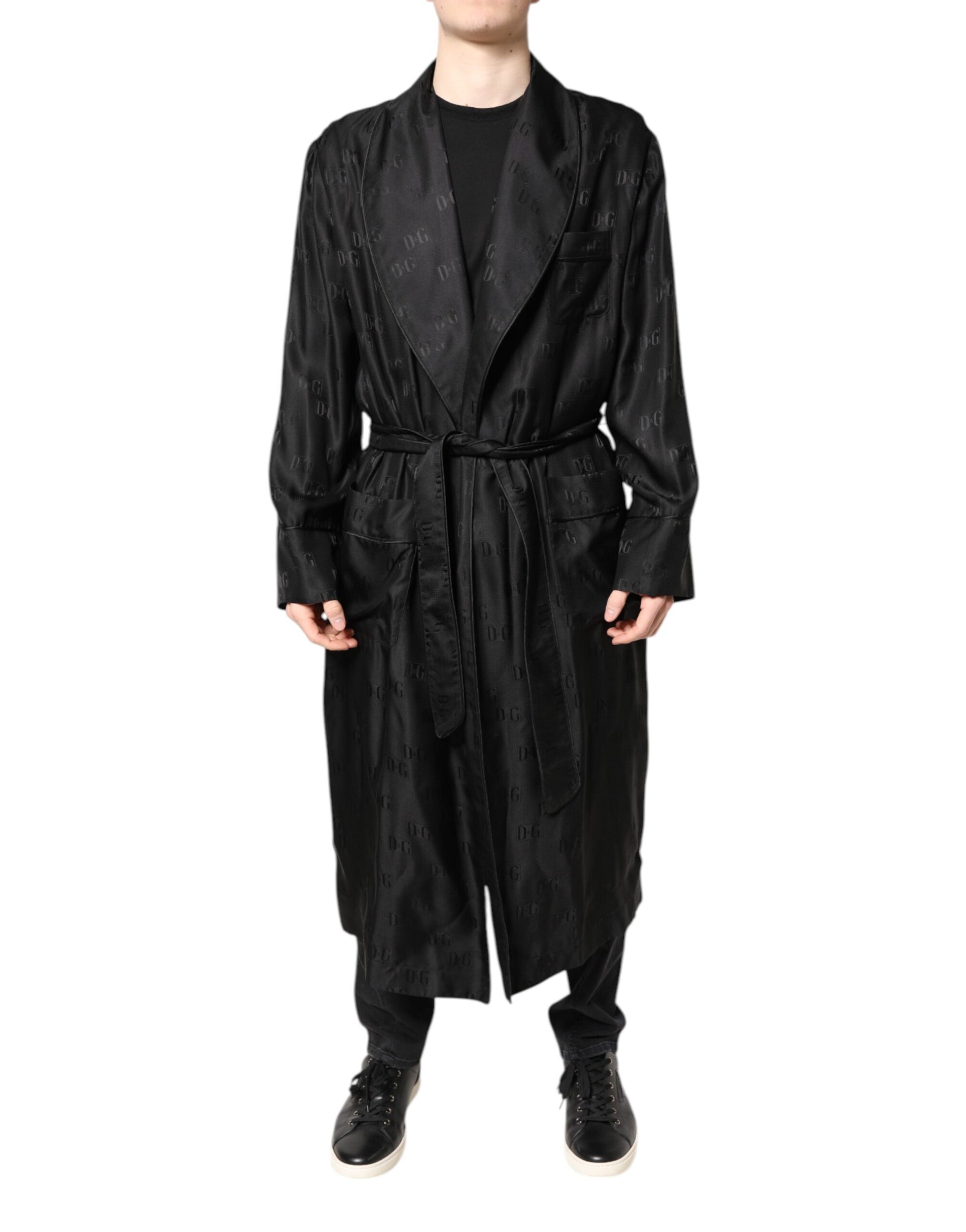 Dolce & Gabbana Peignoir Homme en Soie Noire avec Logo DG