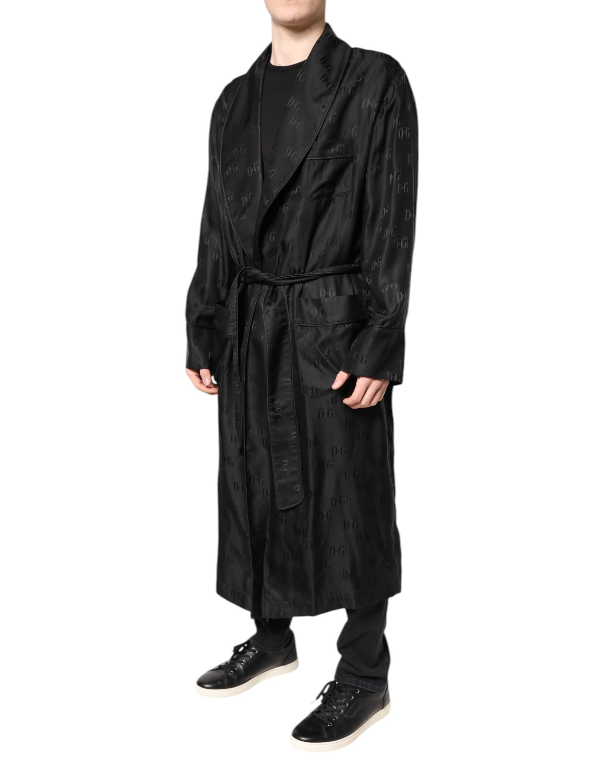 Dolce & Gabbana Peignoir Homme en Soie Noire avec Logo DG