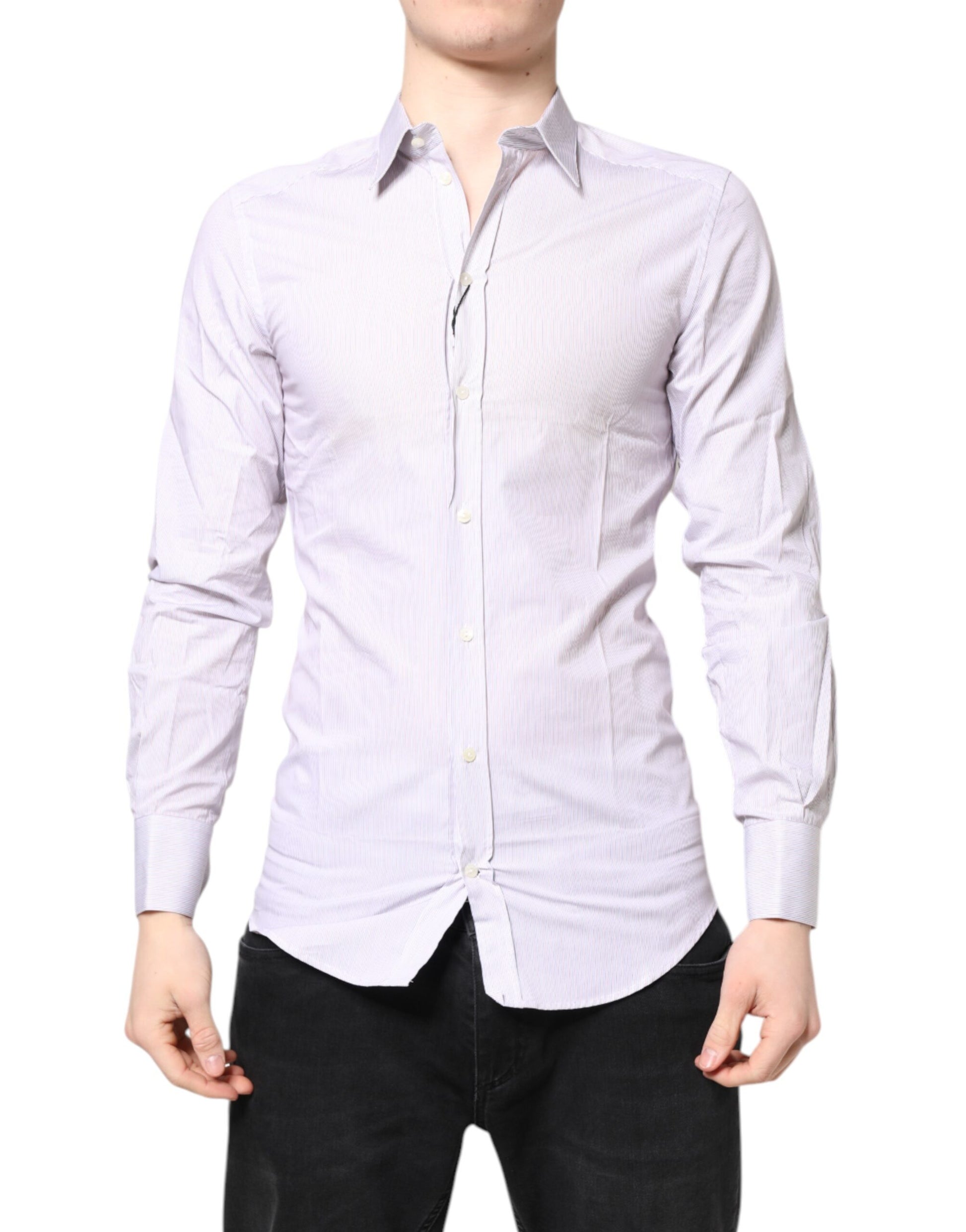 Dolce & Gabbana White Striped Cotton GOLD Long Sleeves Shirt