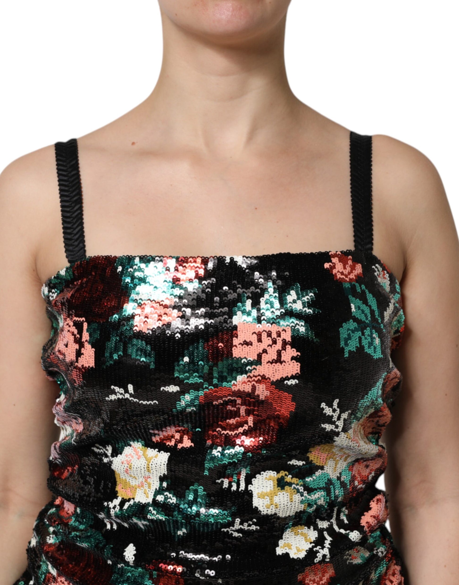 Robe fourreau Dolce & Gabbana noire sans manches à sequins floraux