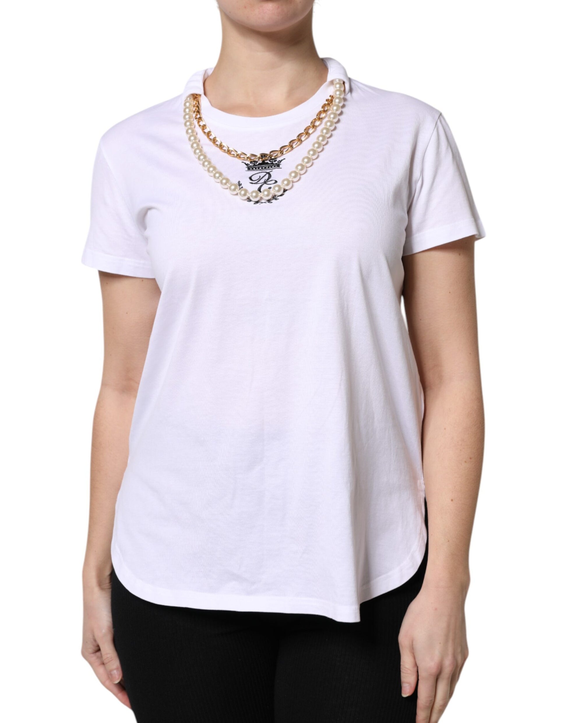 T-shirt Dolce & Gabbana en coton blanc à col rond avec chaîne de perles