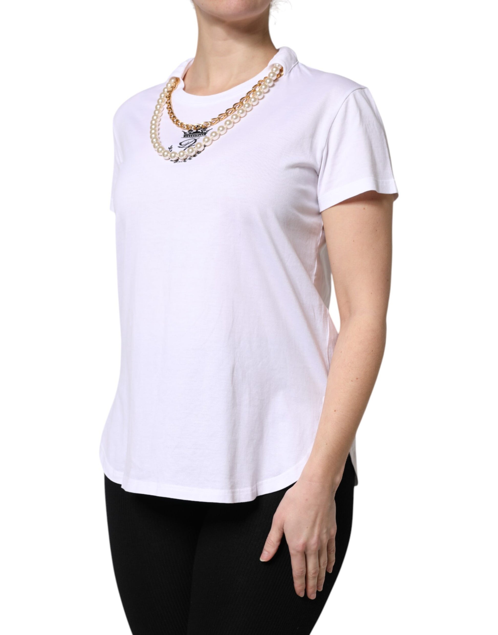 T-shirt Dolce & Gabbana en coton blanc à col rond avec chaîne de perles