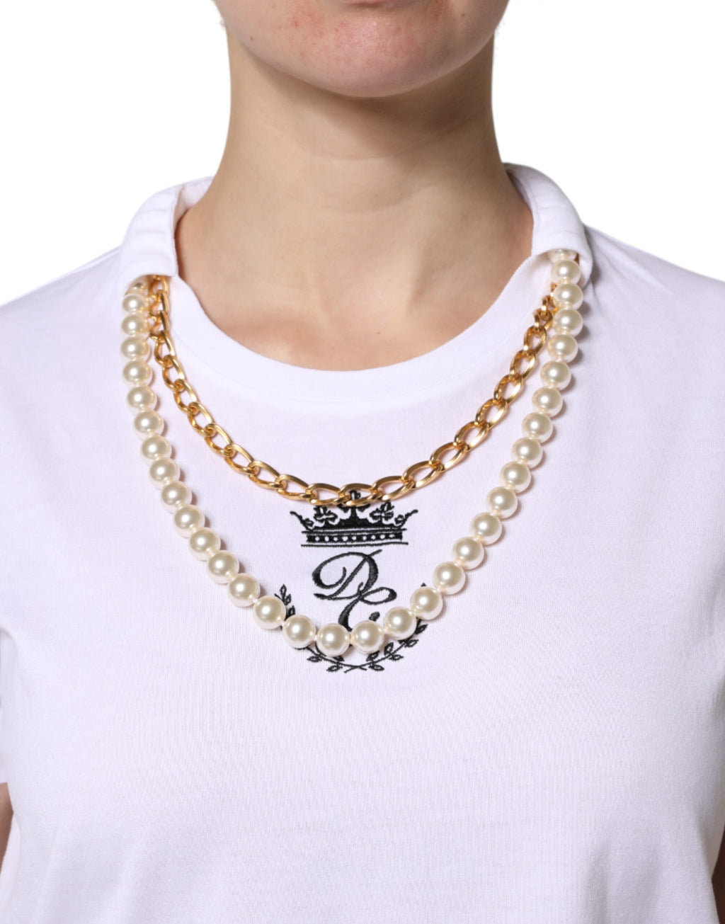 T-shirt Dolce & Gabbana en coton blanc à col rond avec chaîne de perles