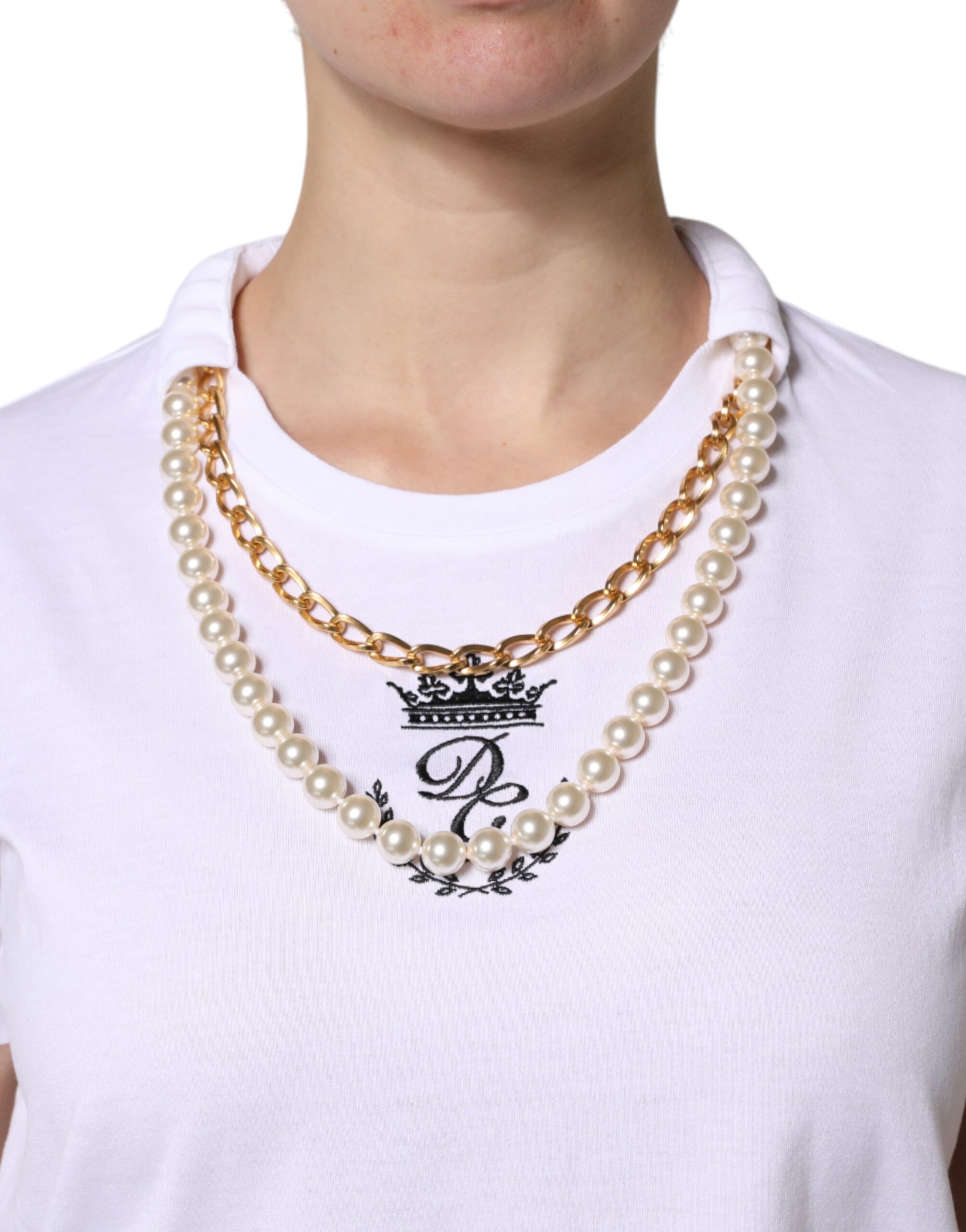 T-shirt Dolce & Gabbana en coton blanc à col rond avec chaîne de perles