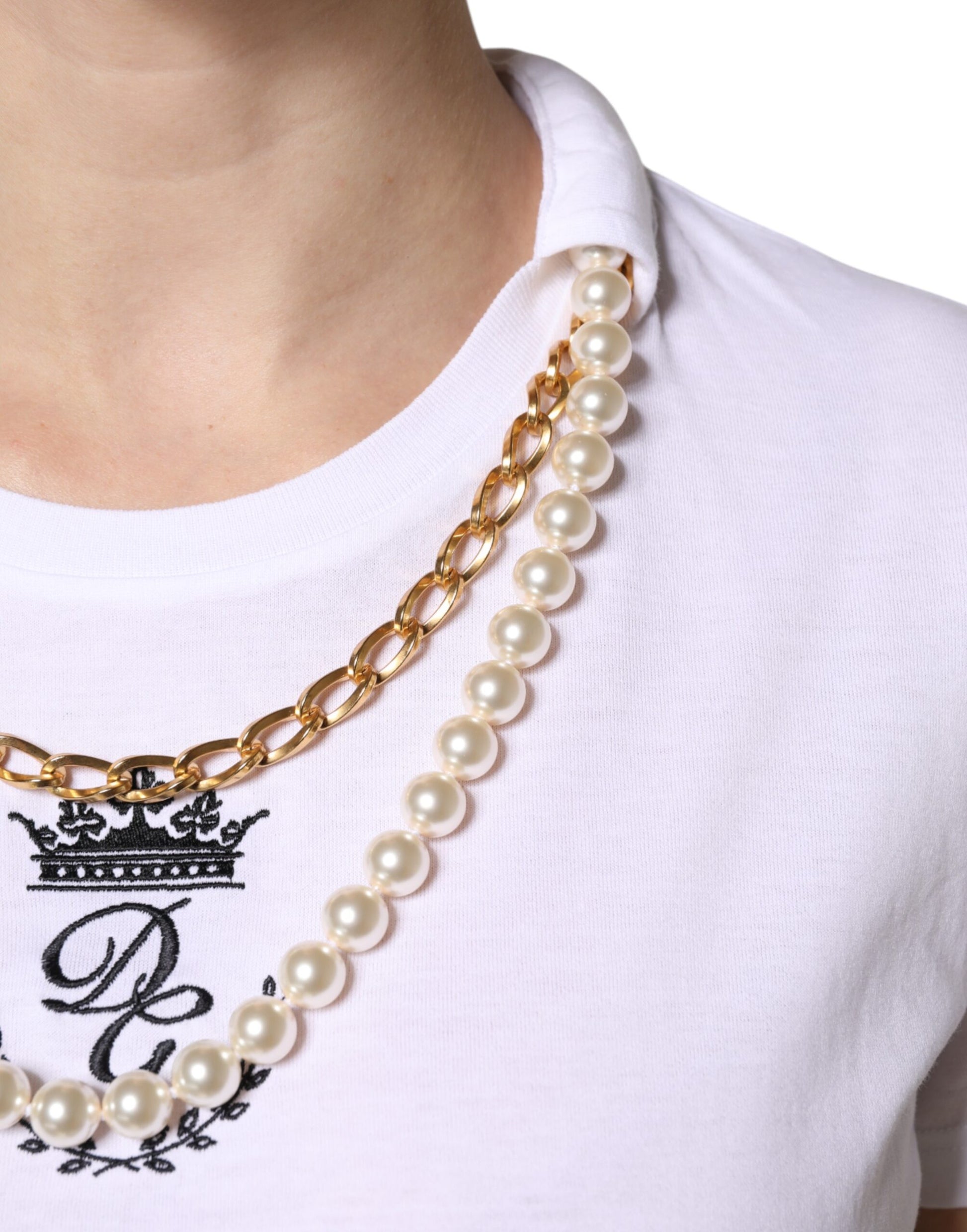 T-shirt Dolce & Gabbana en coton blanc à col rond avec chaîne de perles