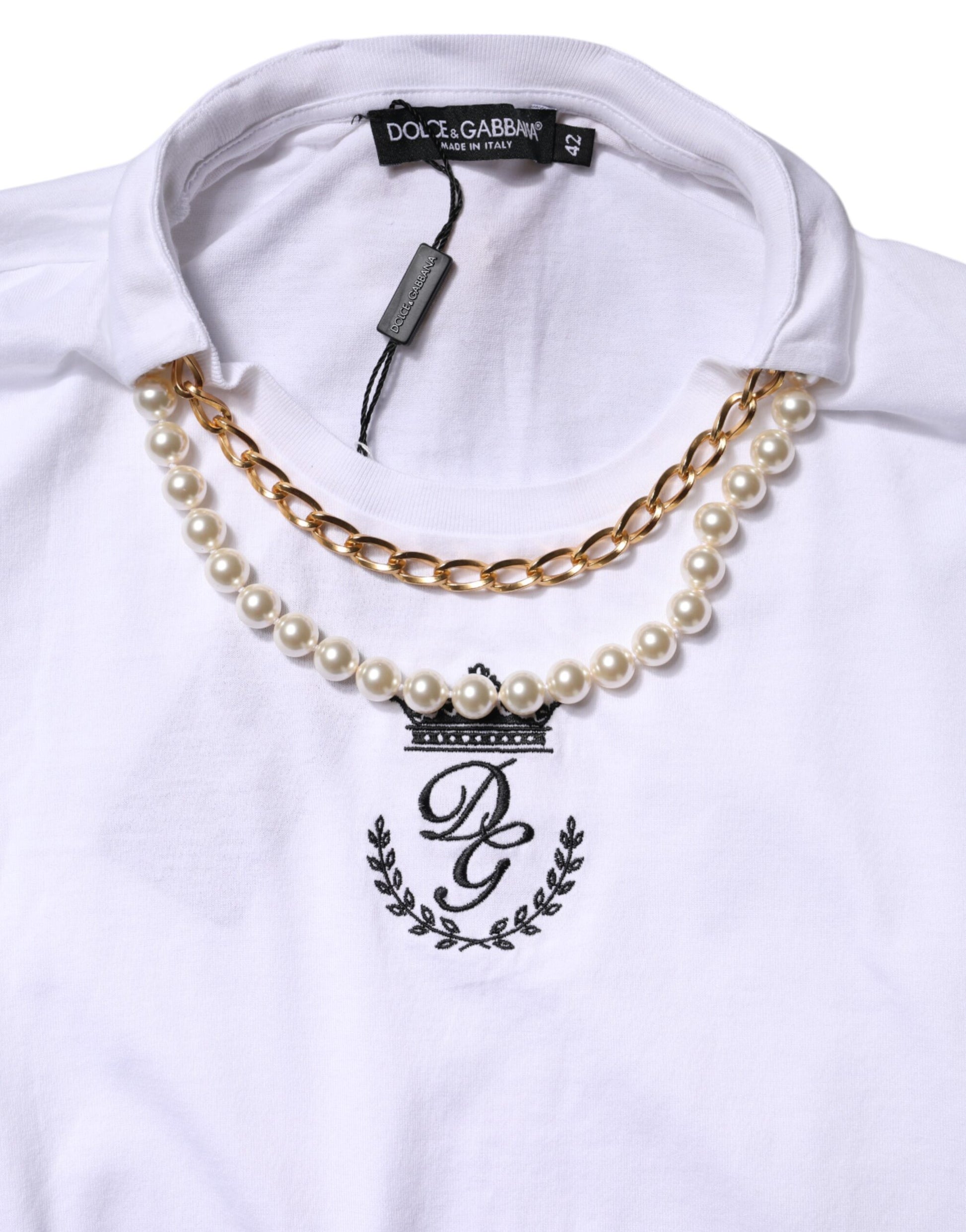 T-shirt Dolce & Gabbana en coton blanc à col rond avec chaîne de perles