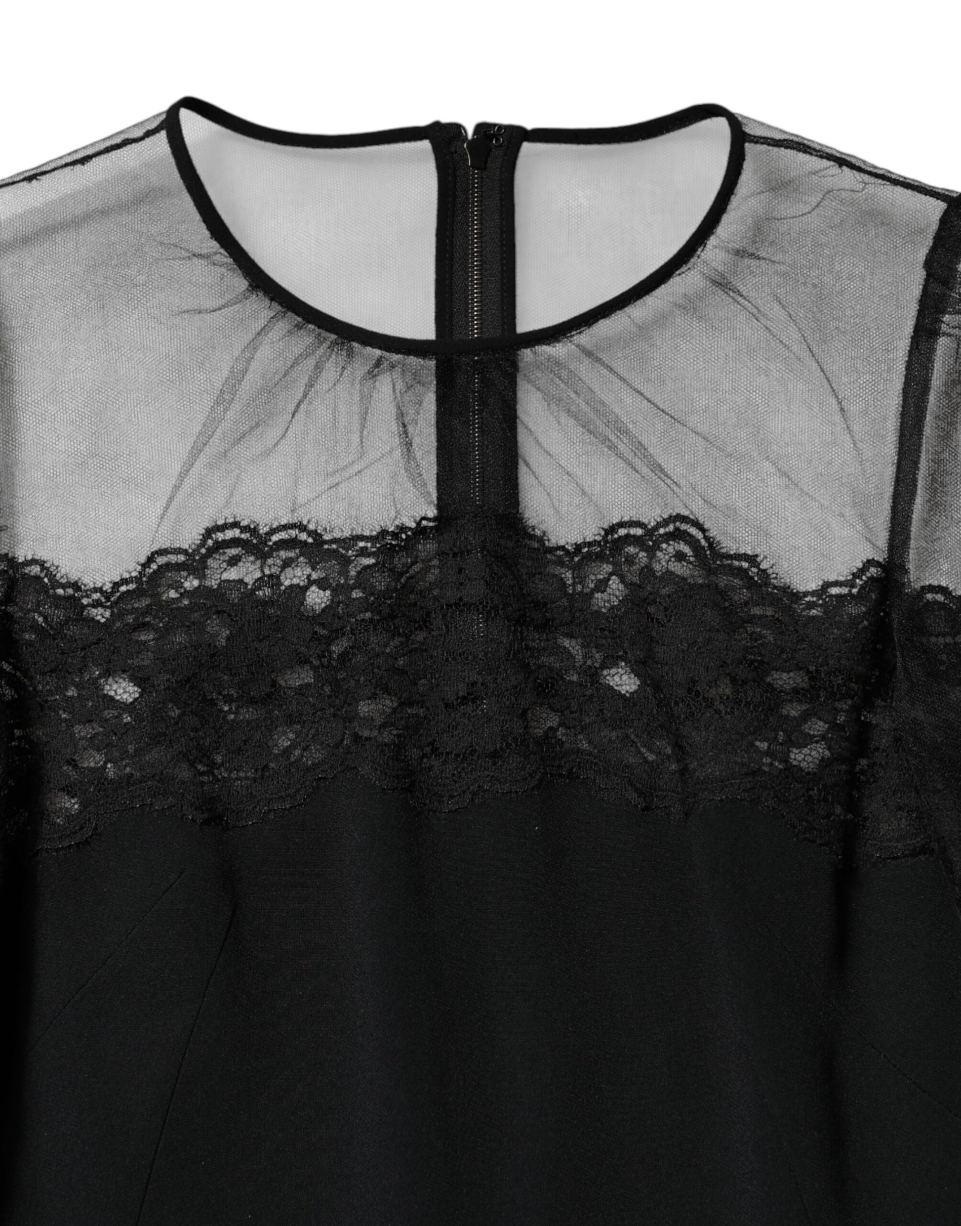 Dolce & Gabbana Black Lace Trim Nylon Tulle Sheath Midi Dress