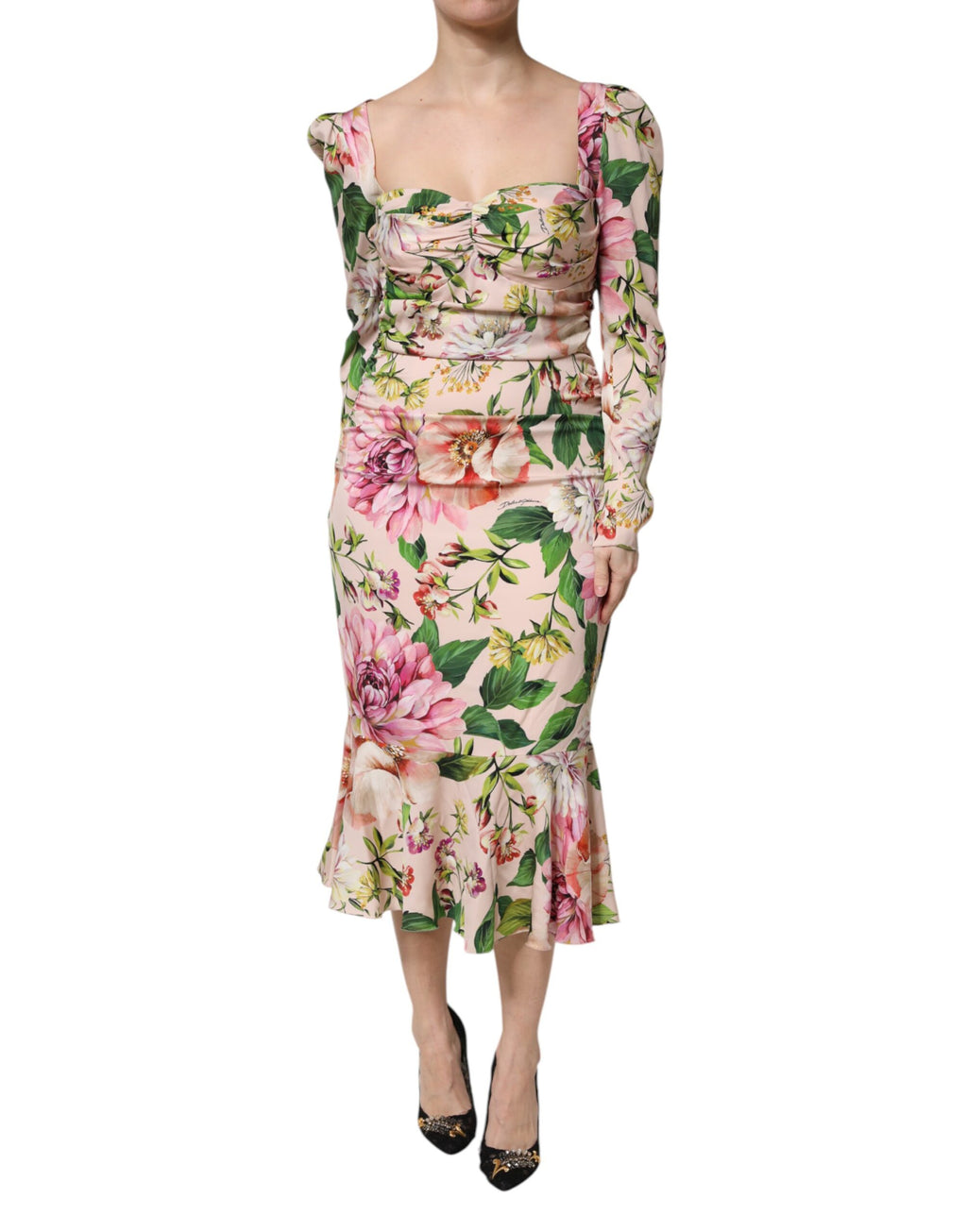 Robe midi évasée en soie à imprimé floral rose Dolce & Gabbana